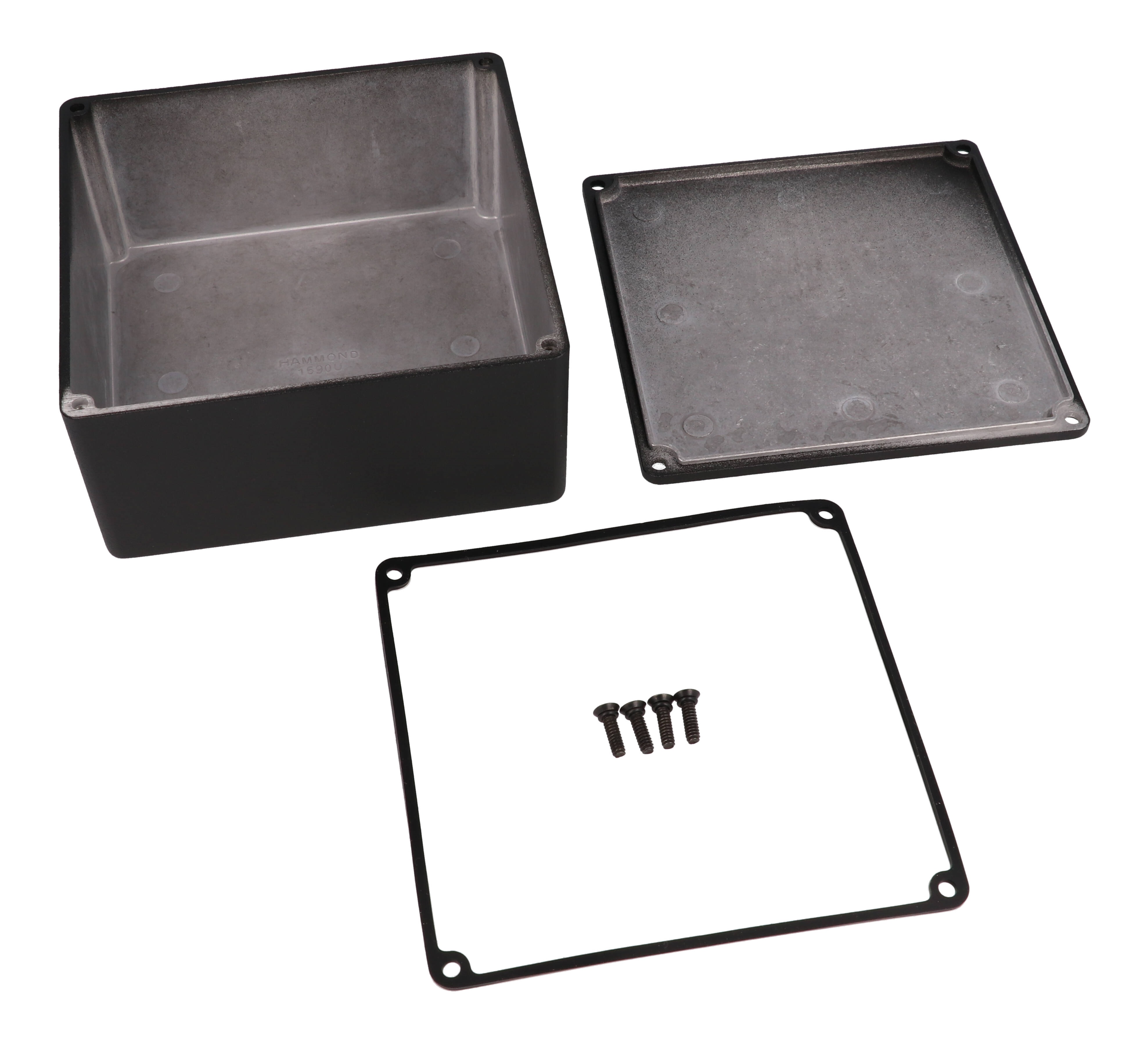1590WUBK black textured IP65 water-tight diecast aluminum enclosure with no mounting flanges, 120x120x59mm