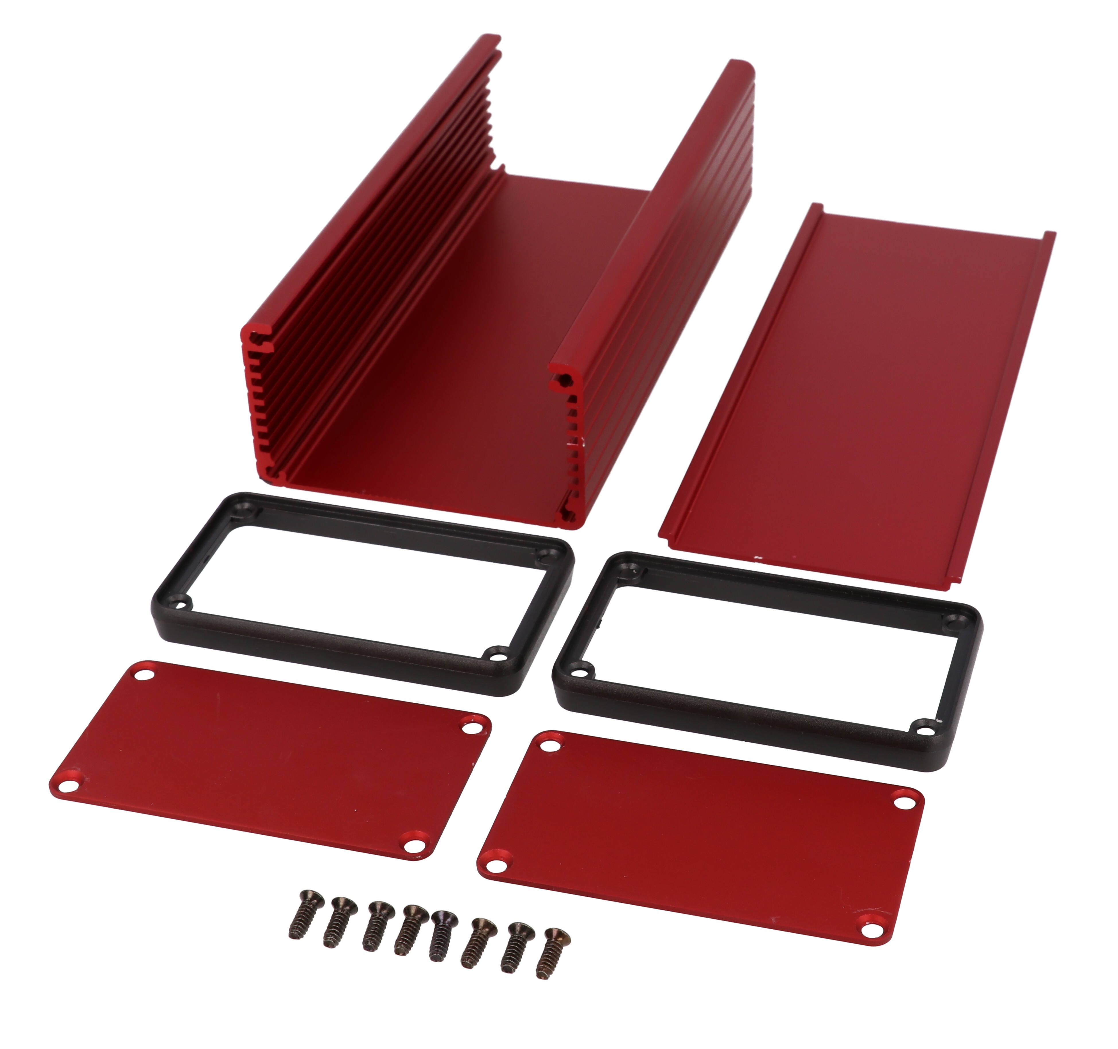 1455K1601RD red anodized 160 x 78 x 43 mm extruded aluminum enclosure with metal end panels