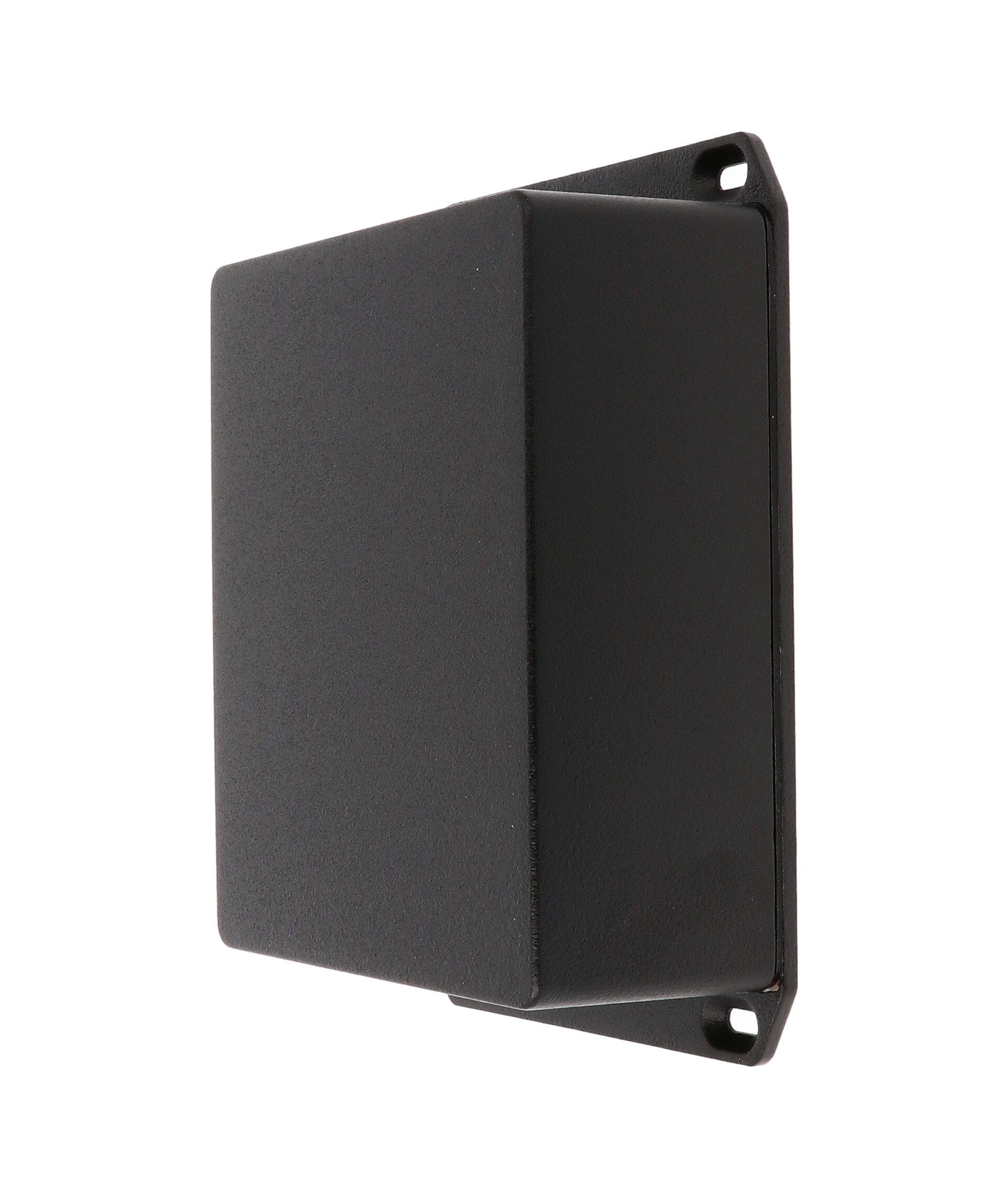 1590WXFLBK black textured watertight diecast aluminum enclosure with flanged mounting lid, 145 mm x 121 mm x 56 mm