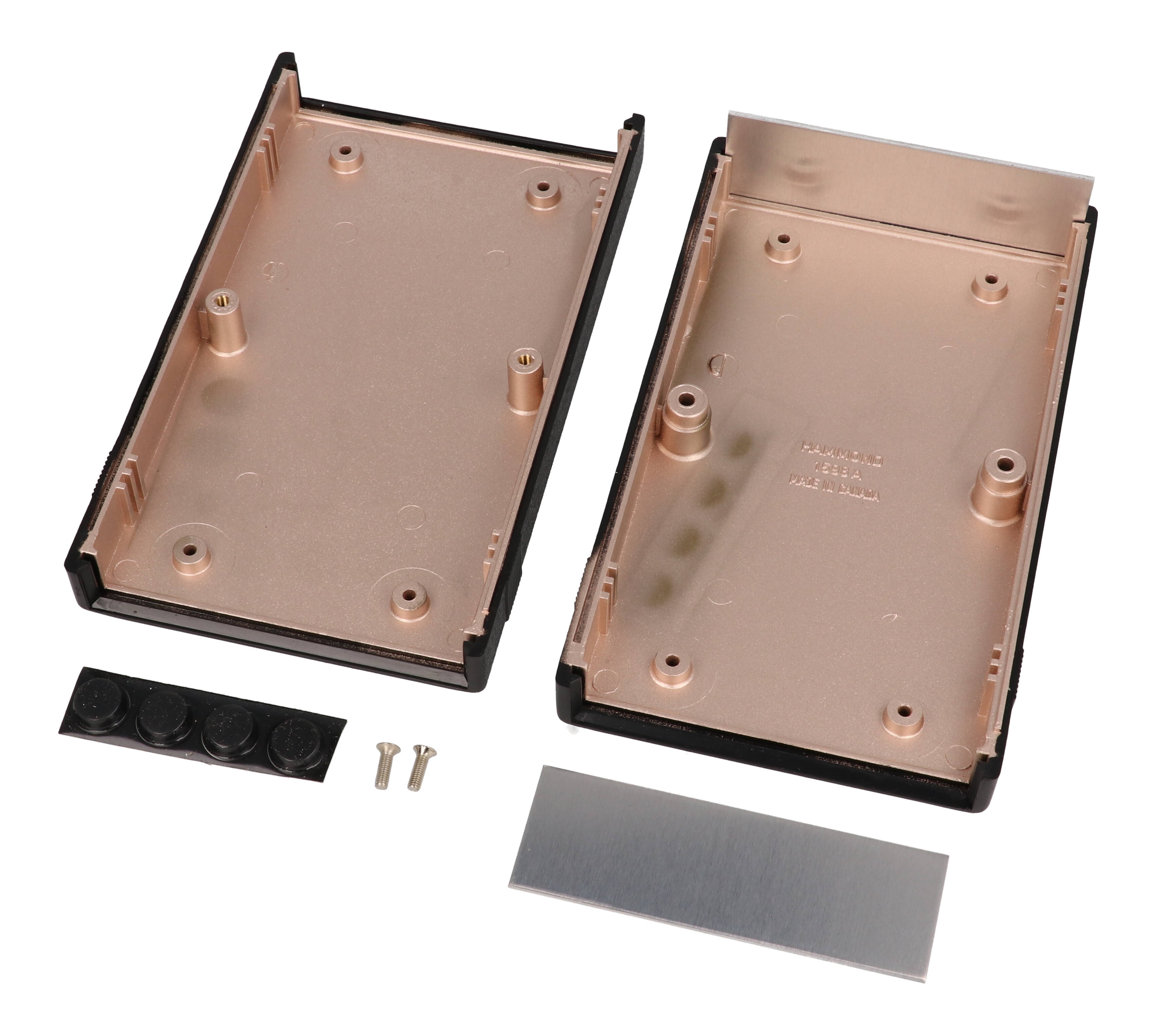 1598RABK black ABS EMI/RFI shielded instrument enclosure, 156.5 x 93 x 35 mm, with brushed aluminum end panels