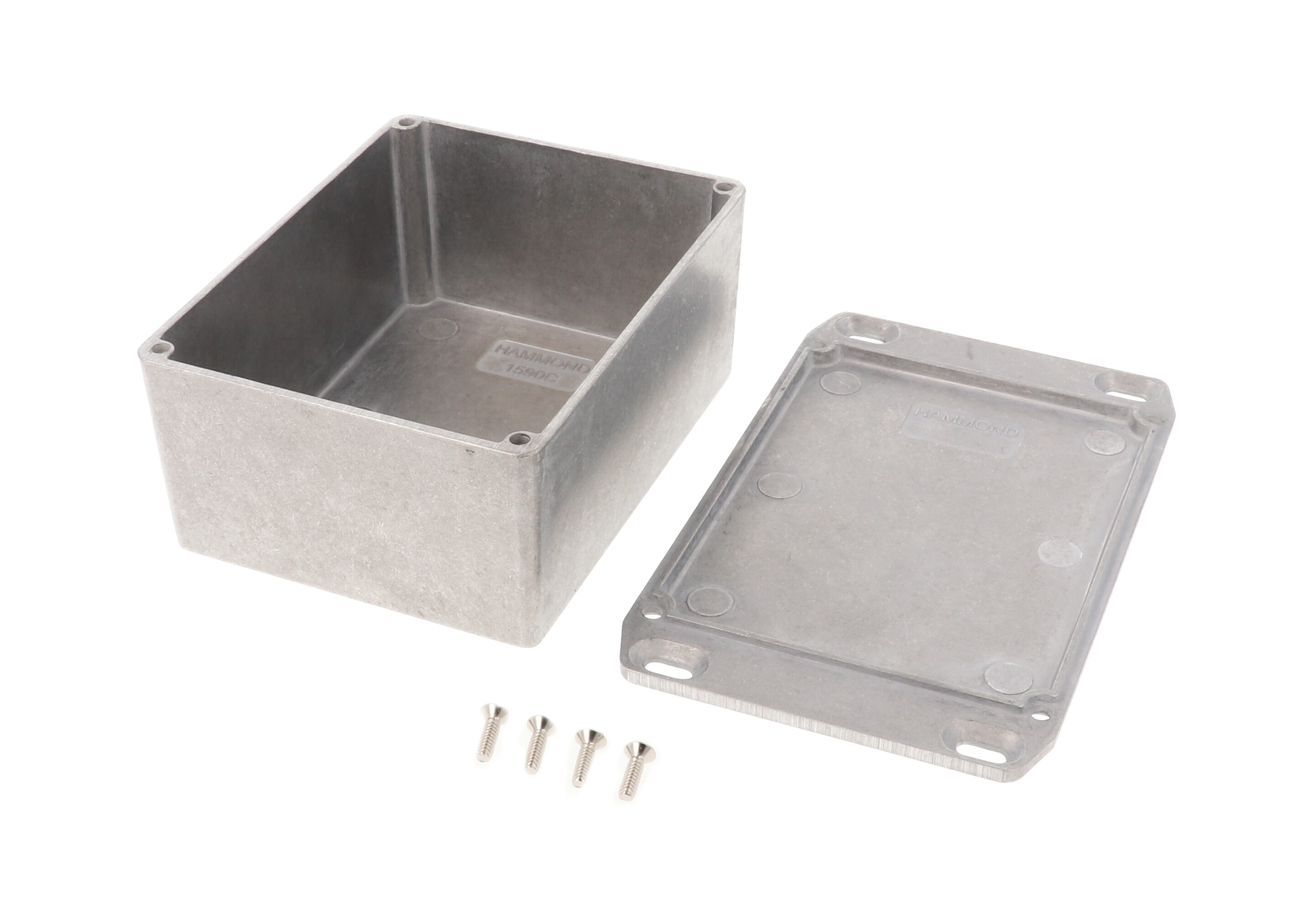 1590CFL natural diecast aluminum enclosure with flanged wall-mounting lid, 119 x 94 x 56 mm