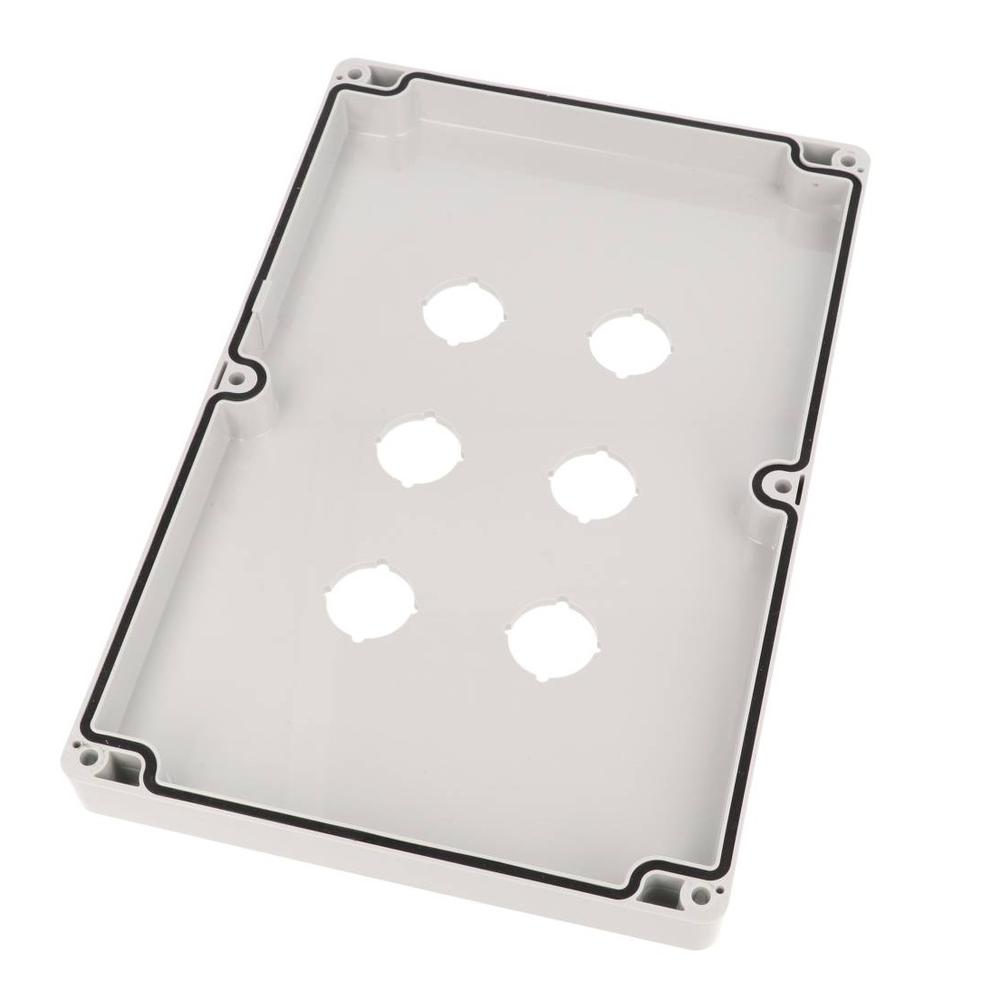 1554MPB6B deep light gray polycarbonate enclosure with six 22.5 mm pushbutton holes