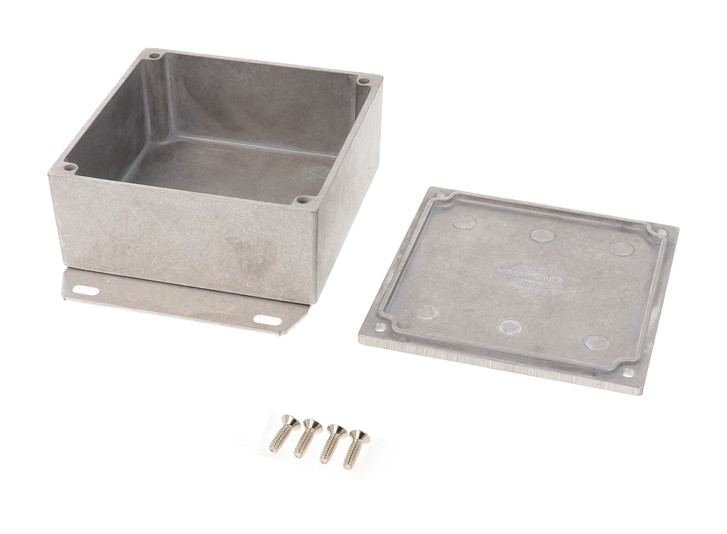 1590YF natural diecast aluminum enclosure with welded flanged bottom plate