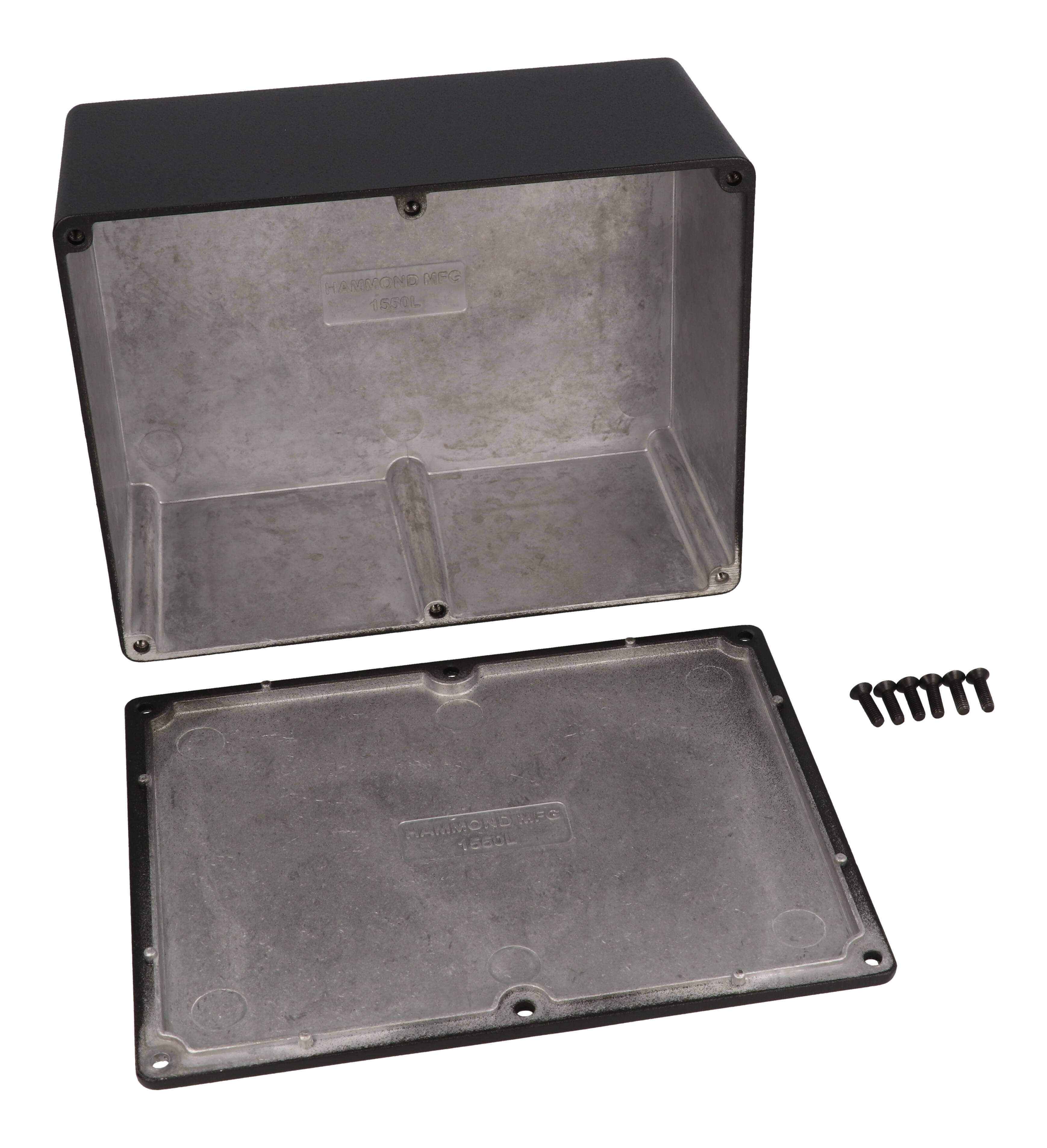 1550LBK black powder coated diecast aluminum enclosure, 165 mm x 128 mm x 72 mm, with screw-down lid