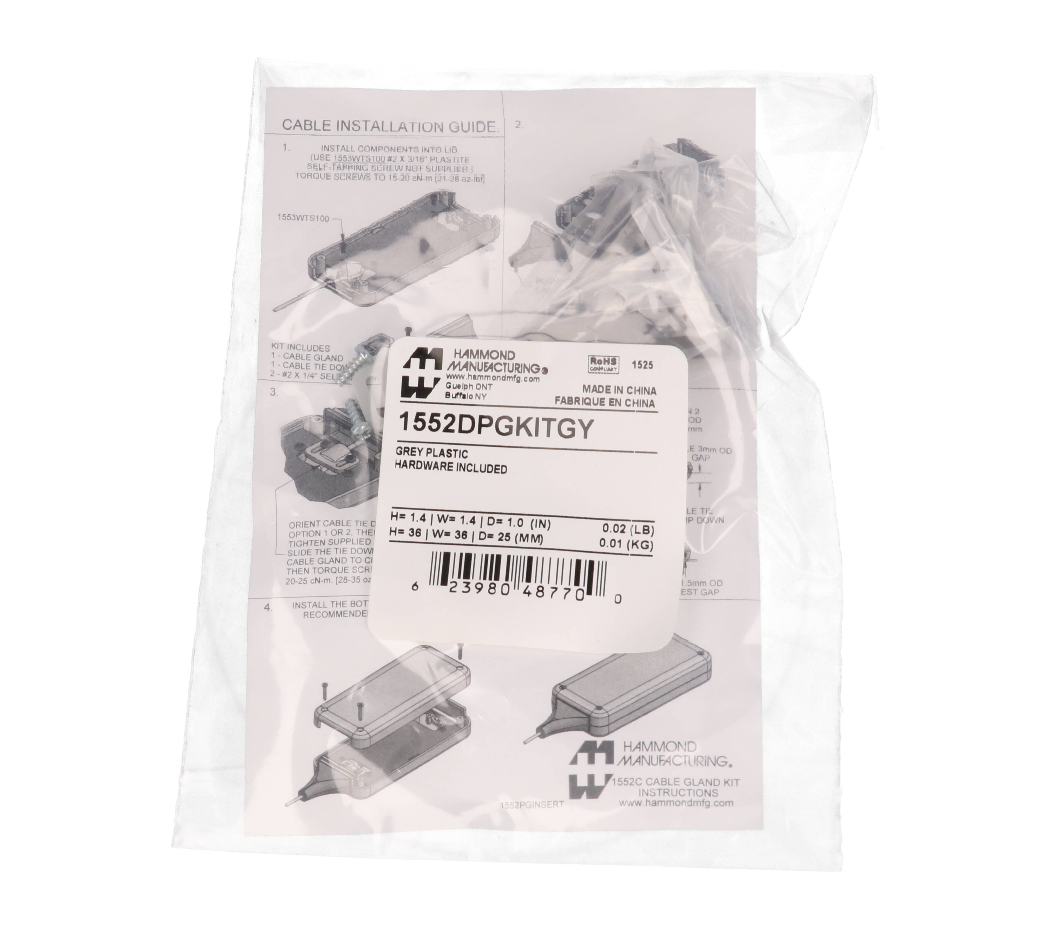 1552DPGKITGY gray rubberized cable gland kit with tie-down for 1552 size D hand-held enclosures