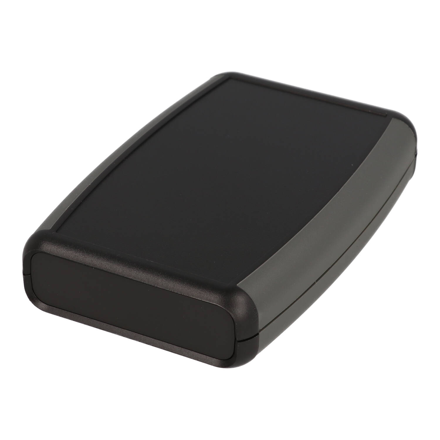 1553BBKBAT black ABS handheld enclosure with grey overmold and battery door