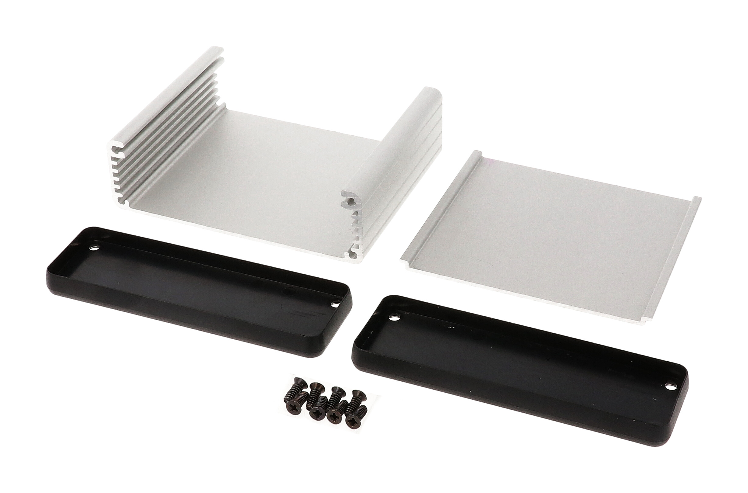 1455L802 clear anodized extruded aluminum PC board enclosure, 80 x 103 x 30.5 mm, with black plastic end panels