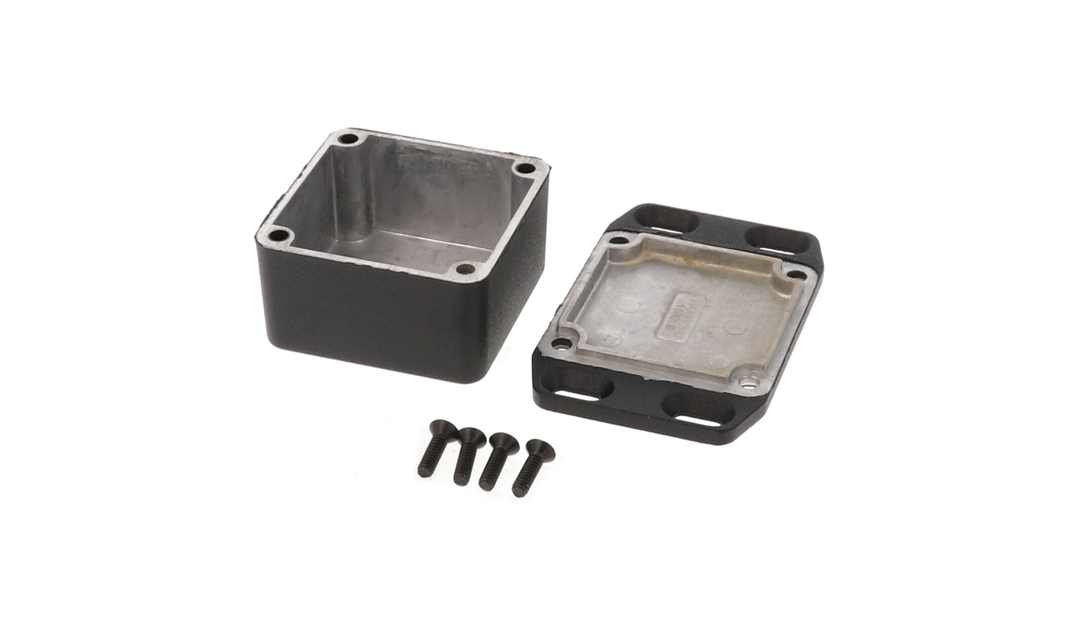1590LBFLBK black textured diecast aluminum enclosure with wall-mounting flanged lid, 51 x 51 x 31 mm