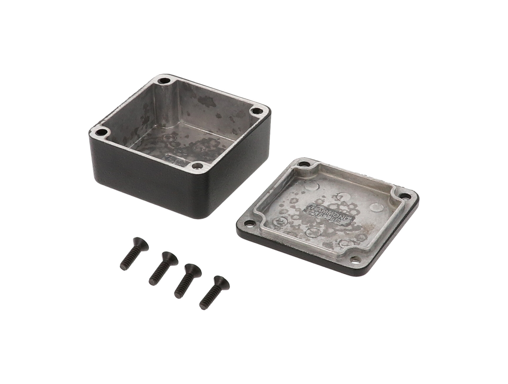 1590LLBBK black textured diecast aluminum enclosure, 51 x 51 x 25 mm, with black cover screws