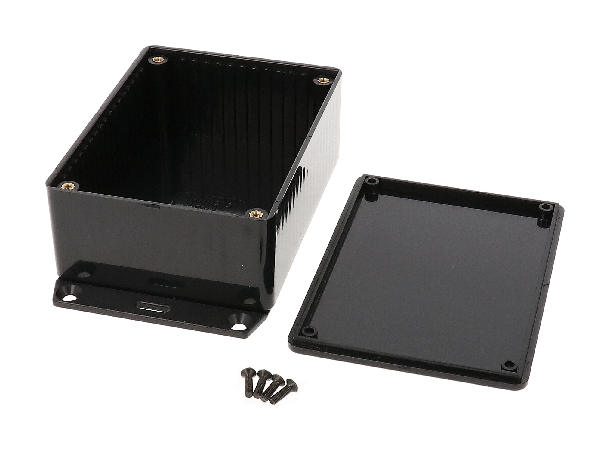 1591SF2BK black ABS plastic enclosure with bottom mounting flange, 110 x 82 x 44 mm