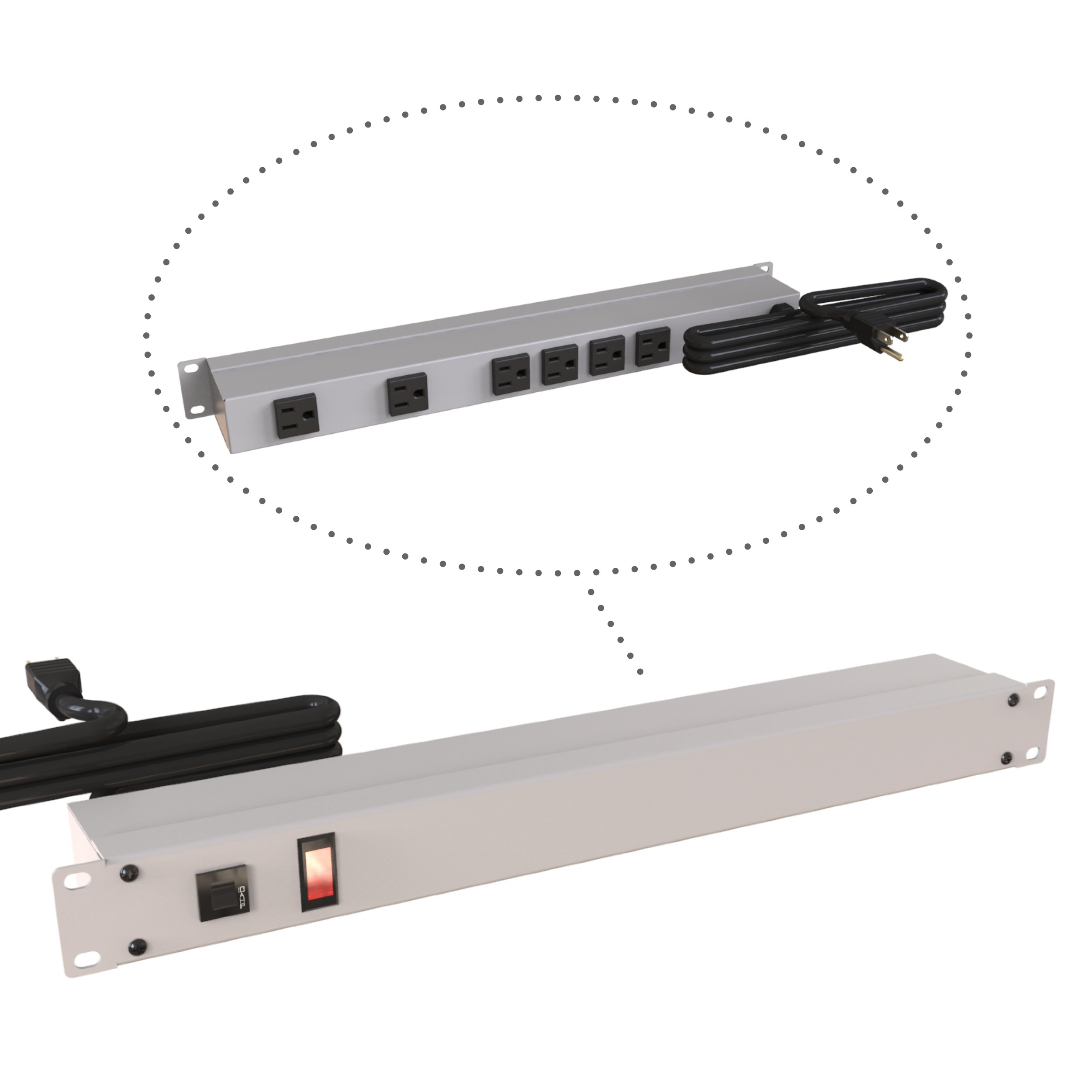 Hammond 1583T6A1 1U 19-inch rack mount outlet strip in ASA 61 gray with six rear-facing NEMA 5-15R outlets and 6 ft cord