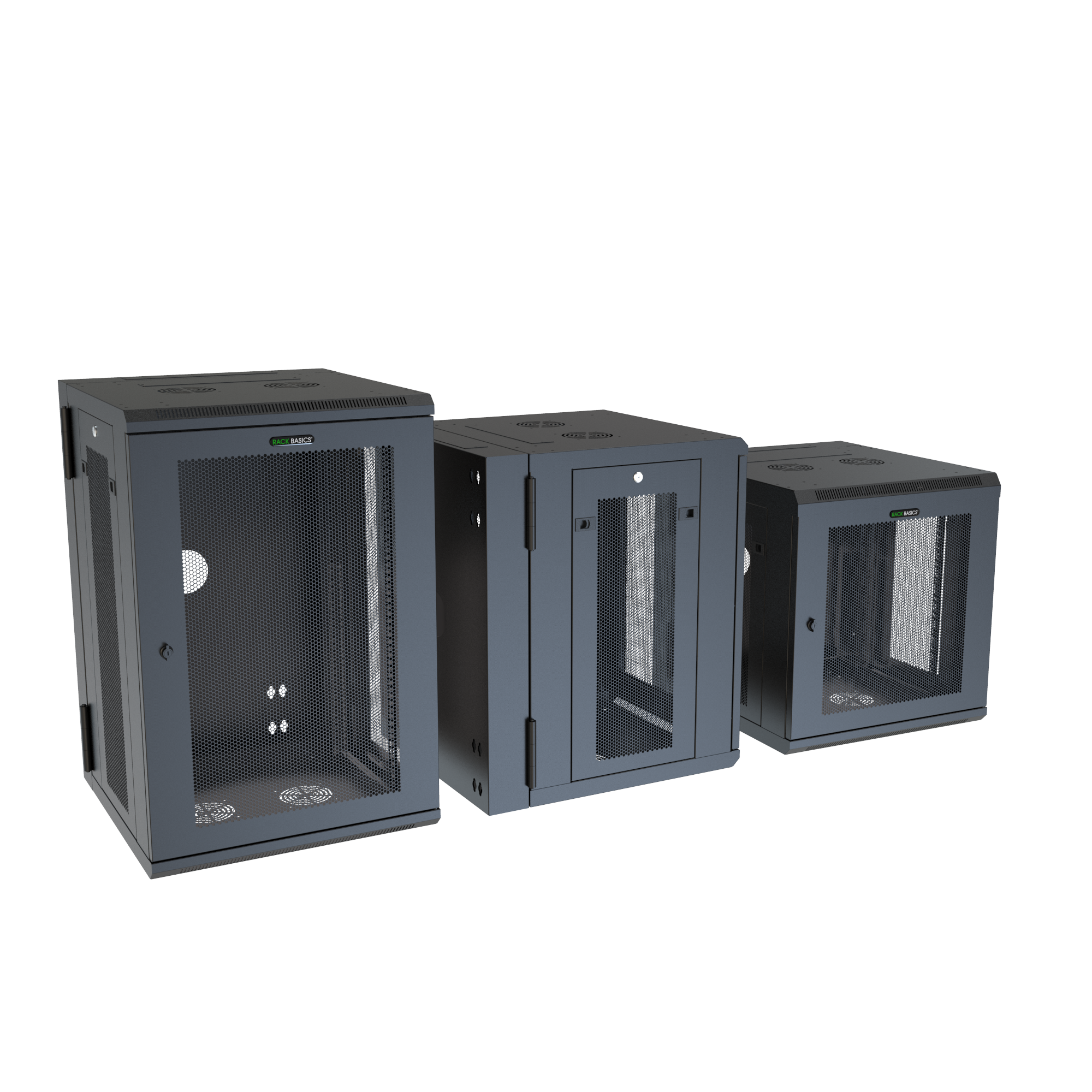 RB-SW18DV 18U swing-out wall-mount rack cabinet in black textured steel with vented locking front door — view 3