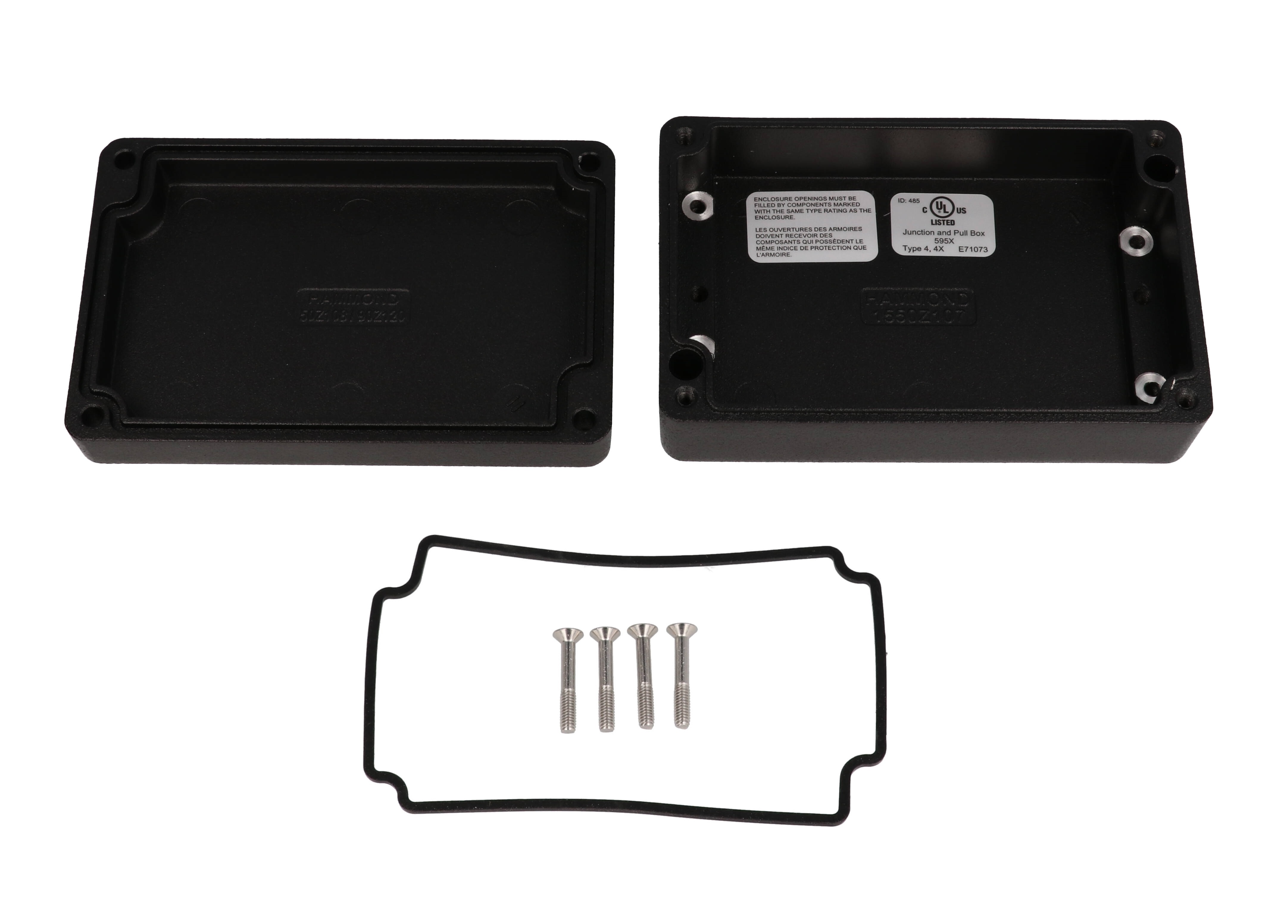 Hammond 1550Z107BK black textured watertight diecast aluminum enclosure, 125 x 80 x 41 mm, with lid and cover screws