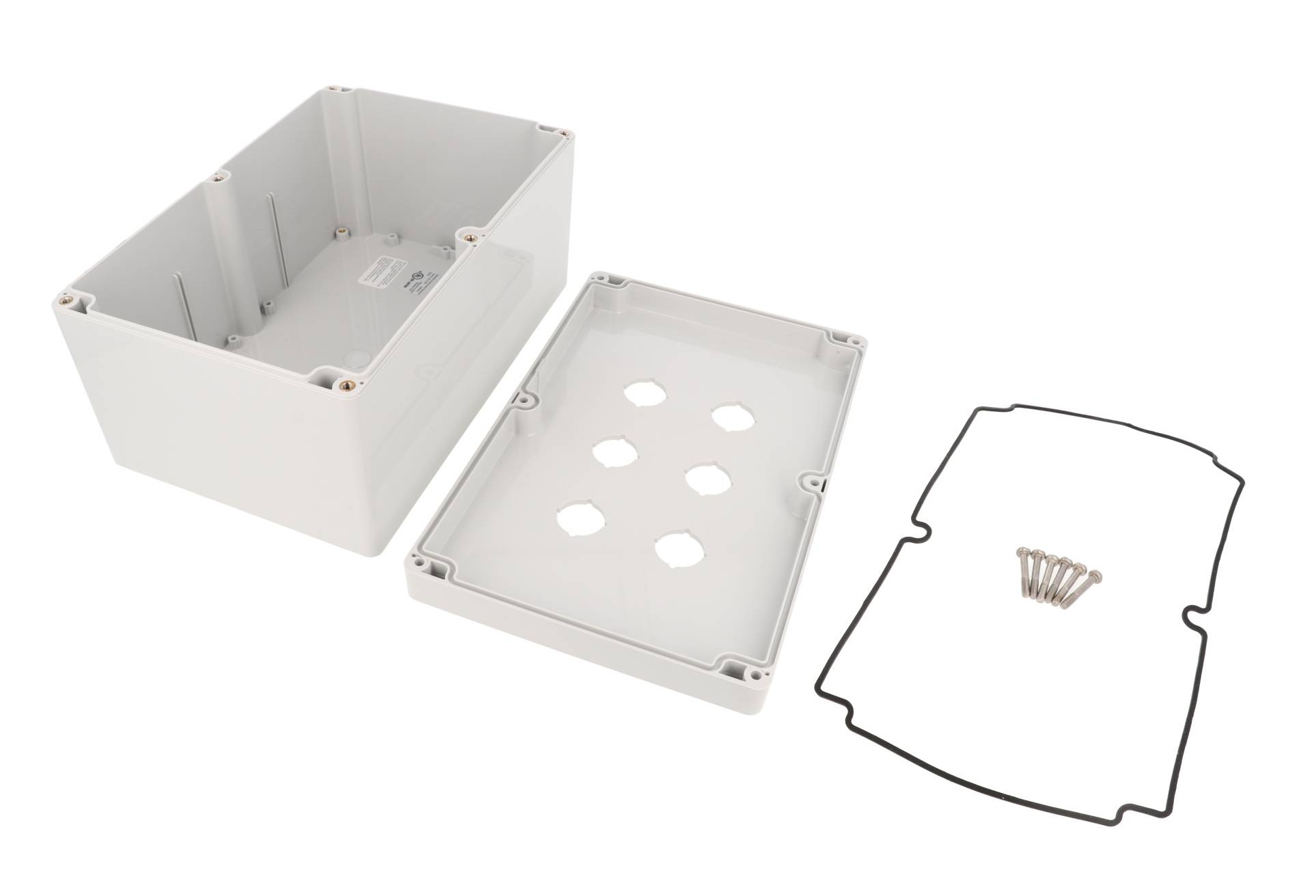 1554MPB6B deep light gray polycarbonate enclosure with six 22.5 mm pushbutton holes