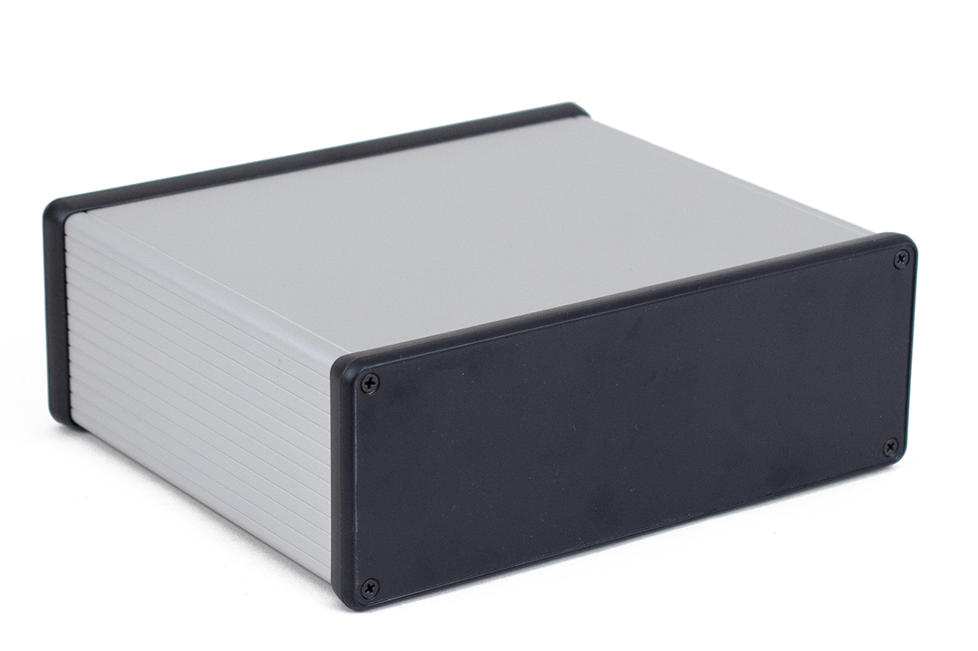 1455U1602 clear anodized extruded aluminum enclosure, 160 x 191 x 66 mm, with closed black plastic end panels