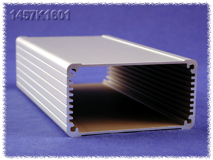 1457K1602 clear anodized watertight extruded aluminum enclosure, 160 x 84 x 44.00 mm, with black flanged diecast end panels