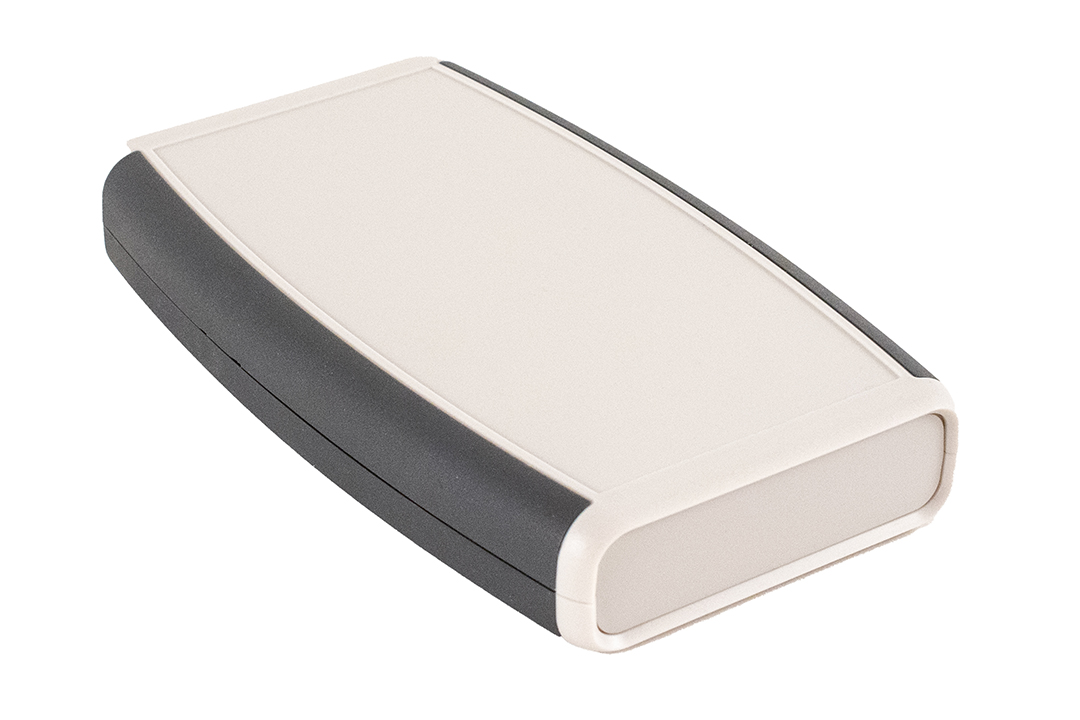 1553DXGY grey ABS hand held enclosure with gray soft overmold and dual end panels