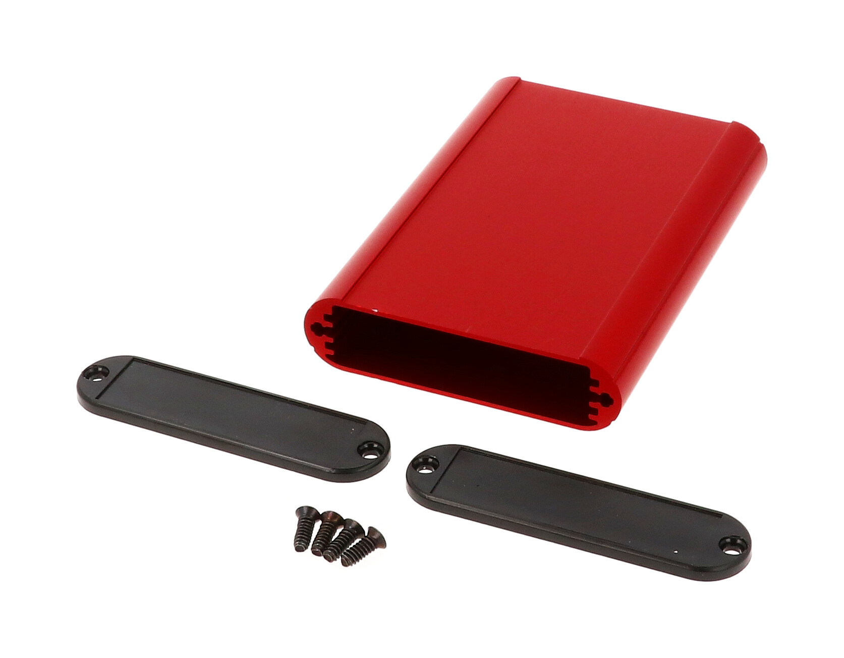 1455B1002RD red anodized extruded aluminum PC board enclosure, 100 x 72 x 19 mm, with plastic end panels