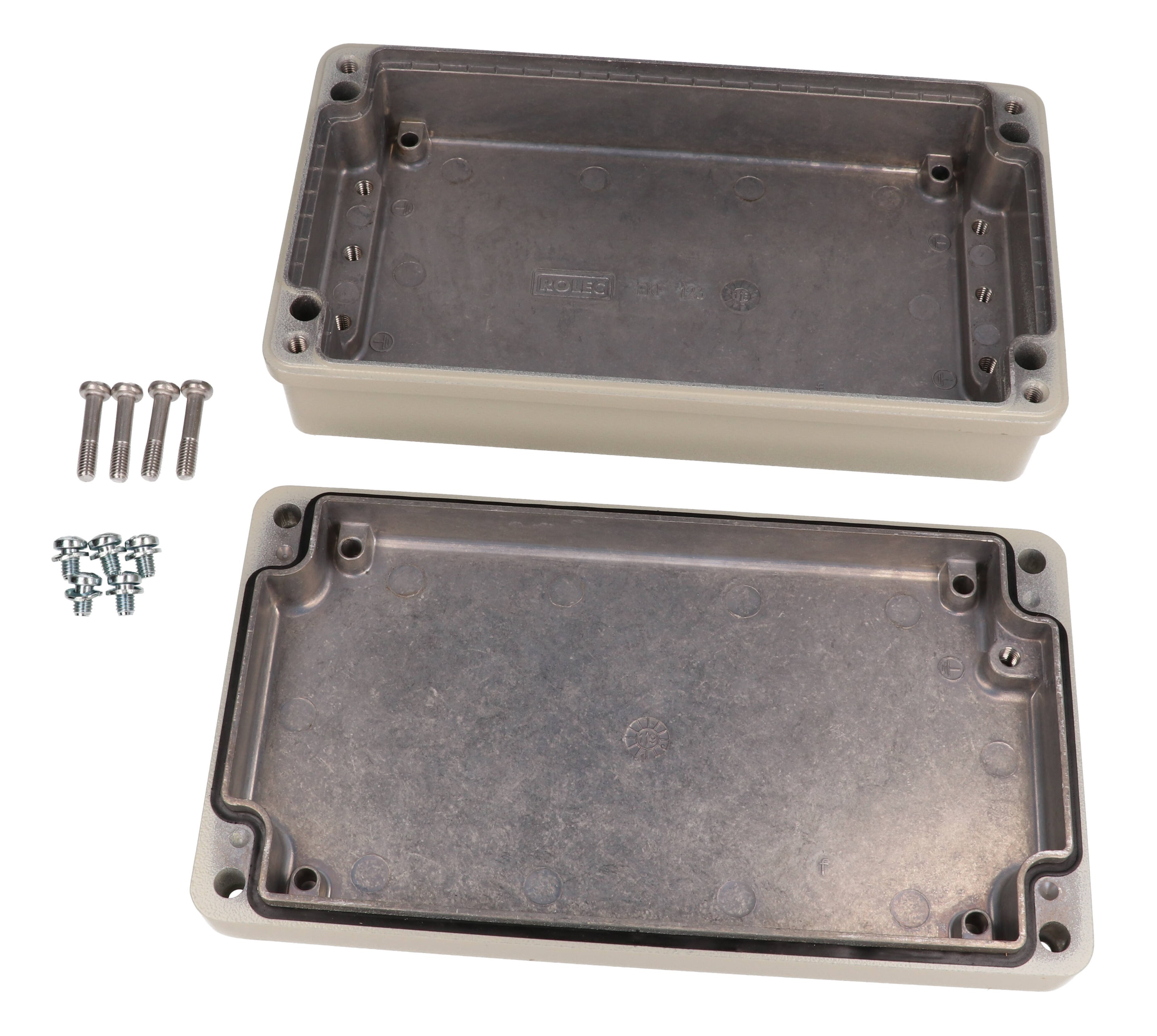 R111-123-000 beige EMI/RFI shielded diecast aluminum enclosure, 125.5 x 225.5 mm, 60 mm deep with lid