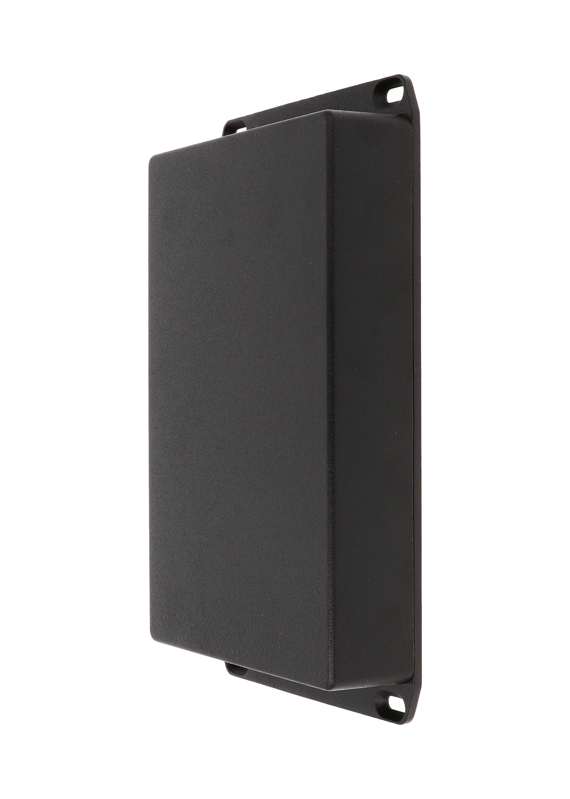 1590DDFBK textured black diecast aluminum enclosure with welded mounting flange