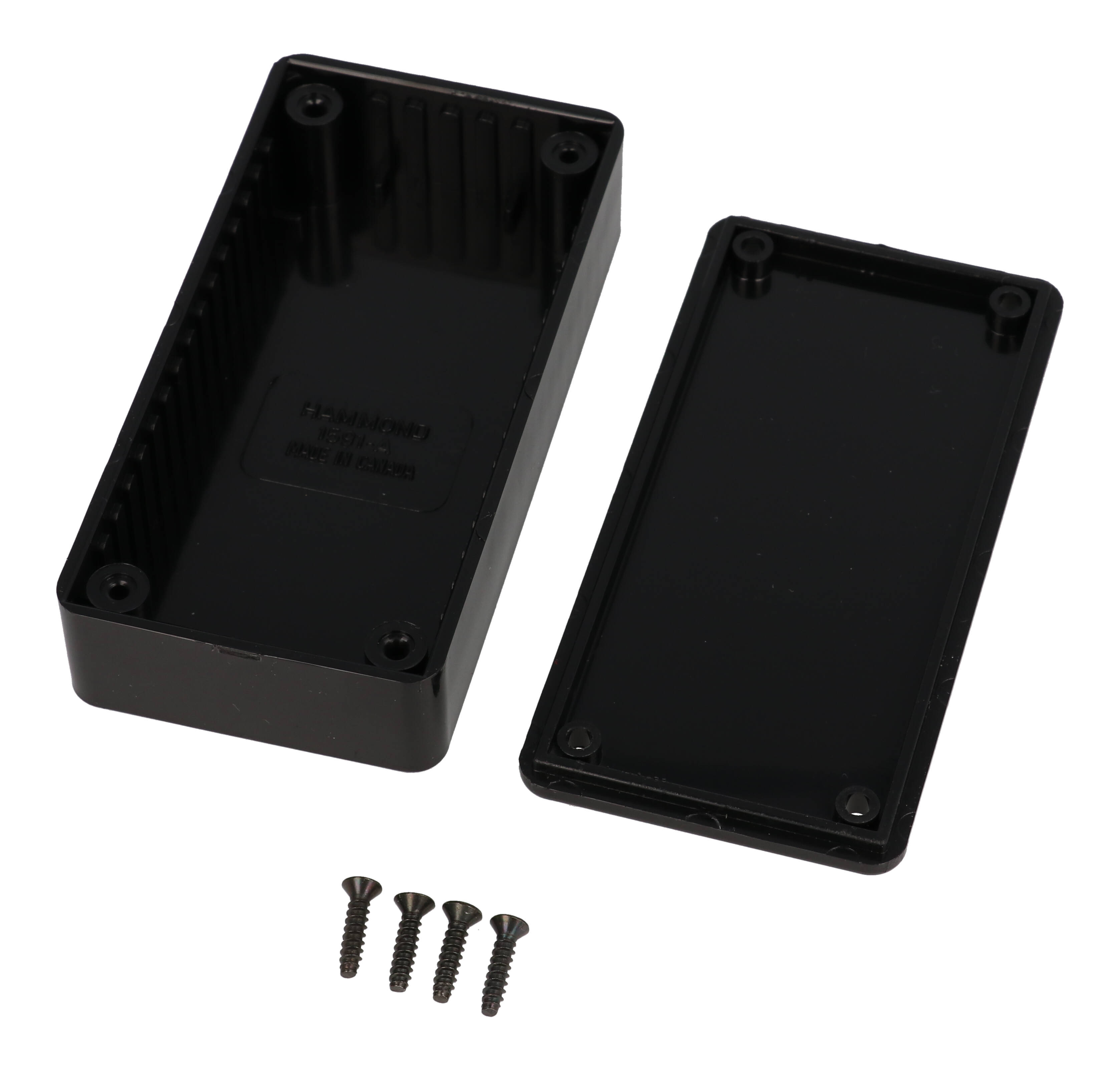 1591ASBK black 100 x 50 x 25 mm ABS plastic enclosure without mounting flanges with molded card guides