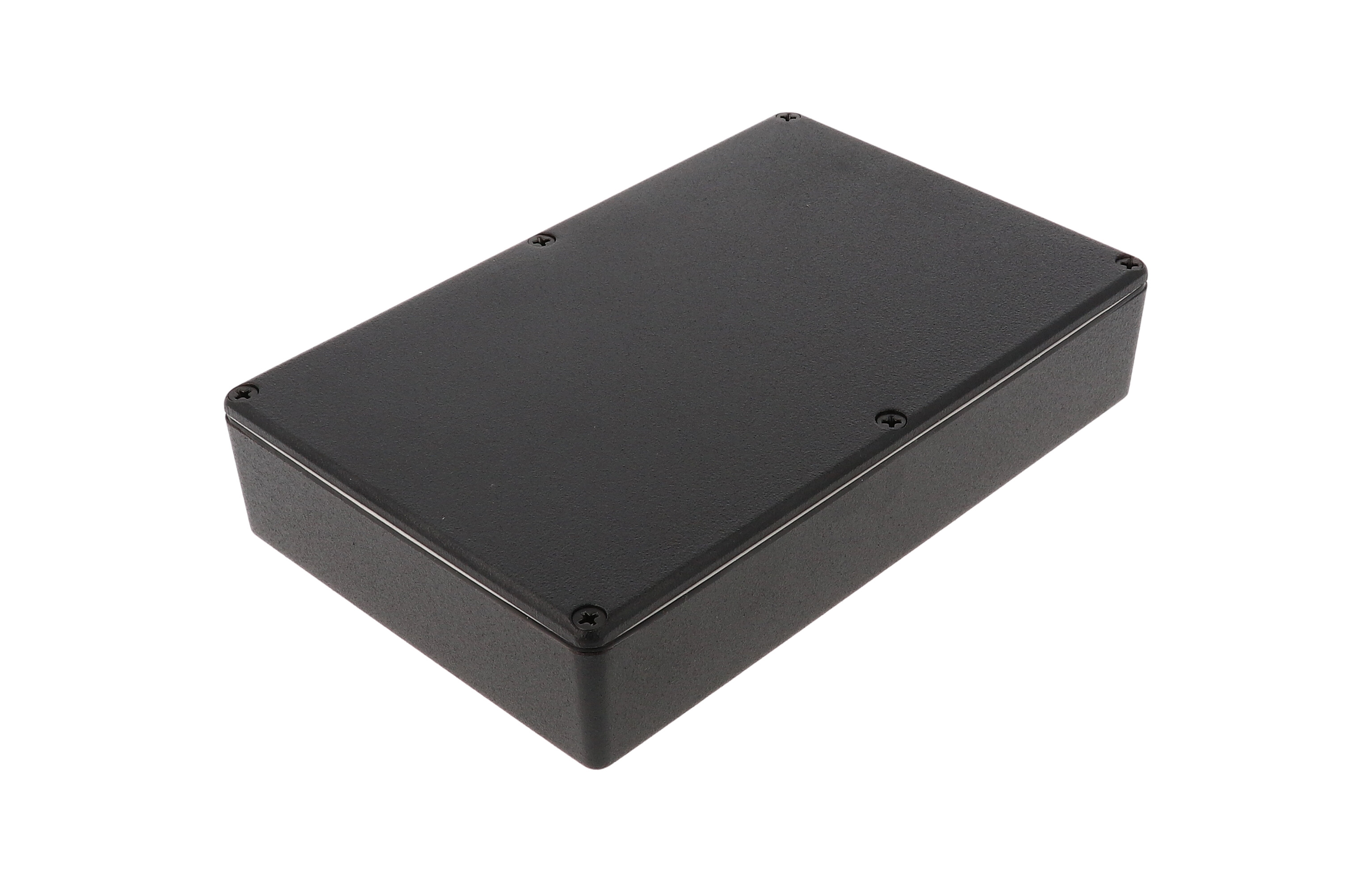 1590WDDBK textured black watertight diecast aluminum enclosure, 188 mm x 120 mm x 37 mm