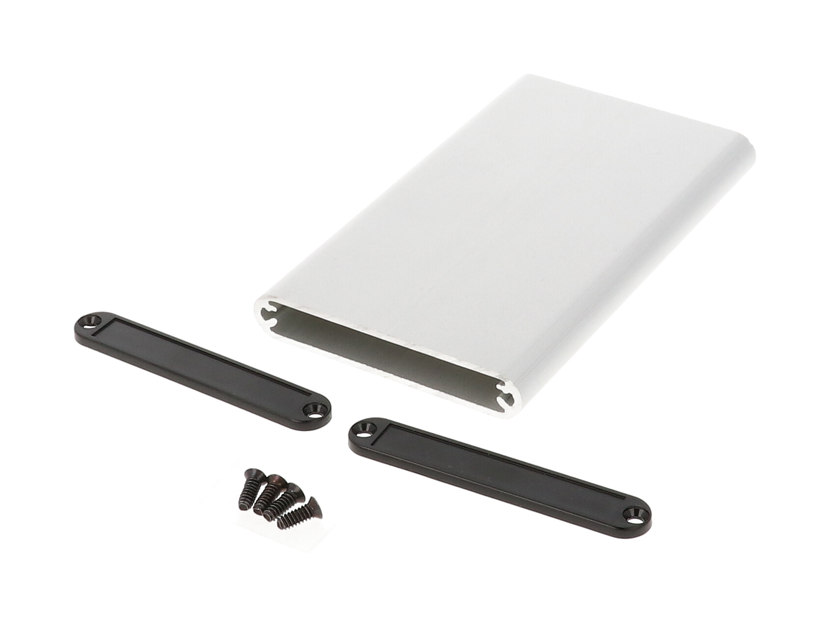1455A1202 clear anodized extruded aluminum PC board enclosure, 120 x 70 x 12 mm, with black plastic end panels