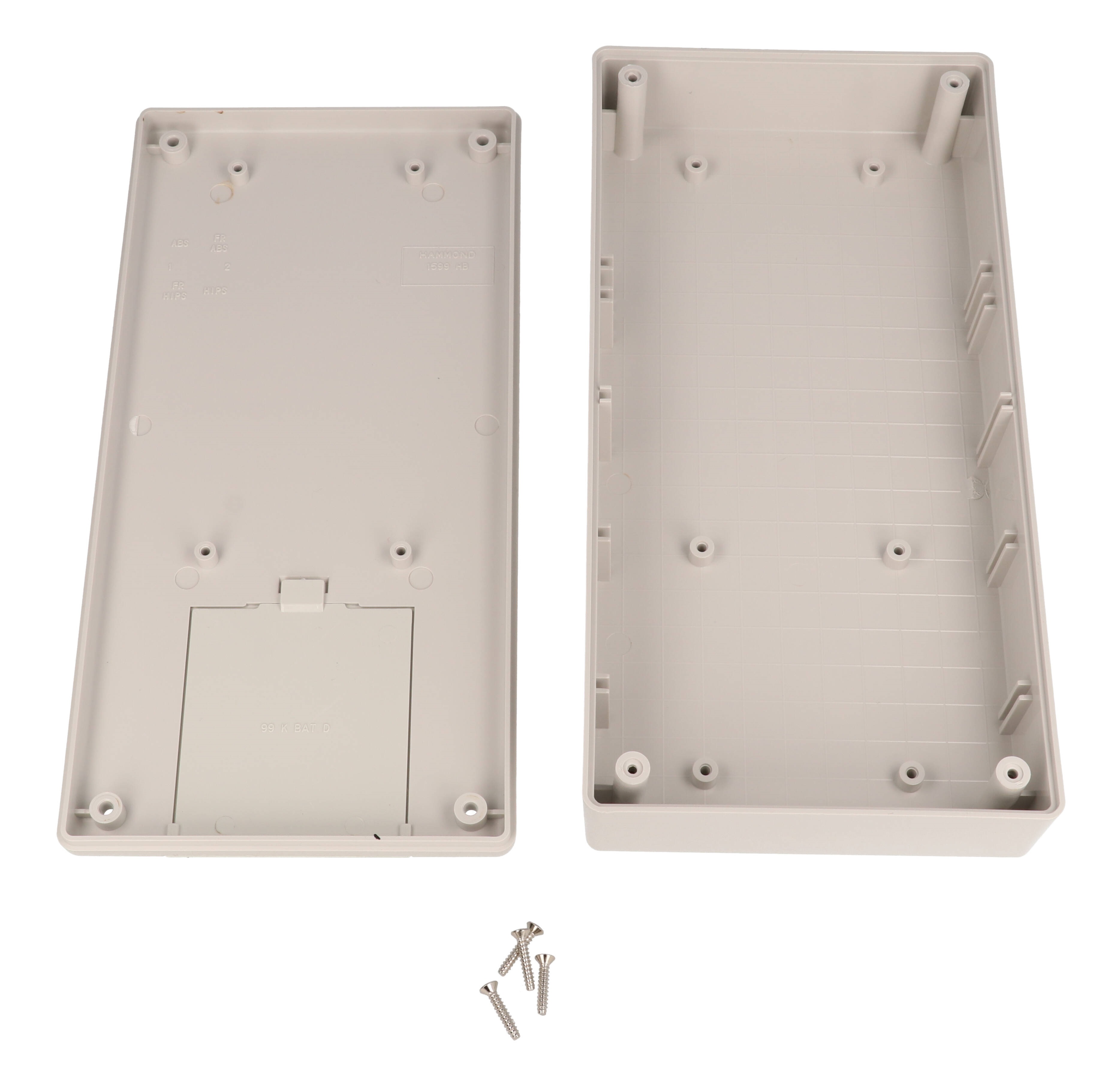 1599HSGYBAT light gray ABS handheld enclosure with battery door, 220 x 110 x 44 mm