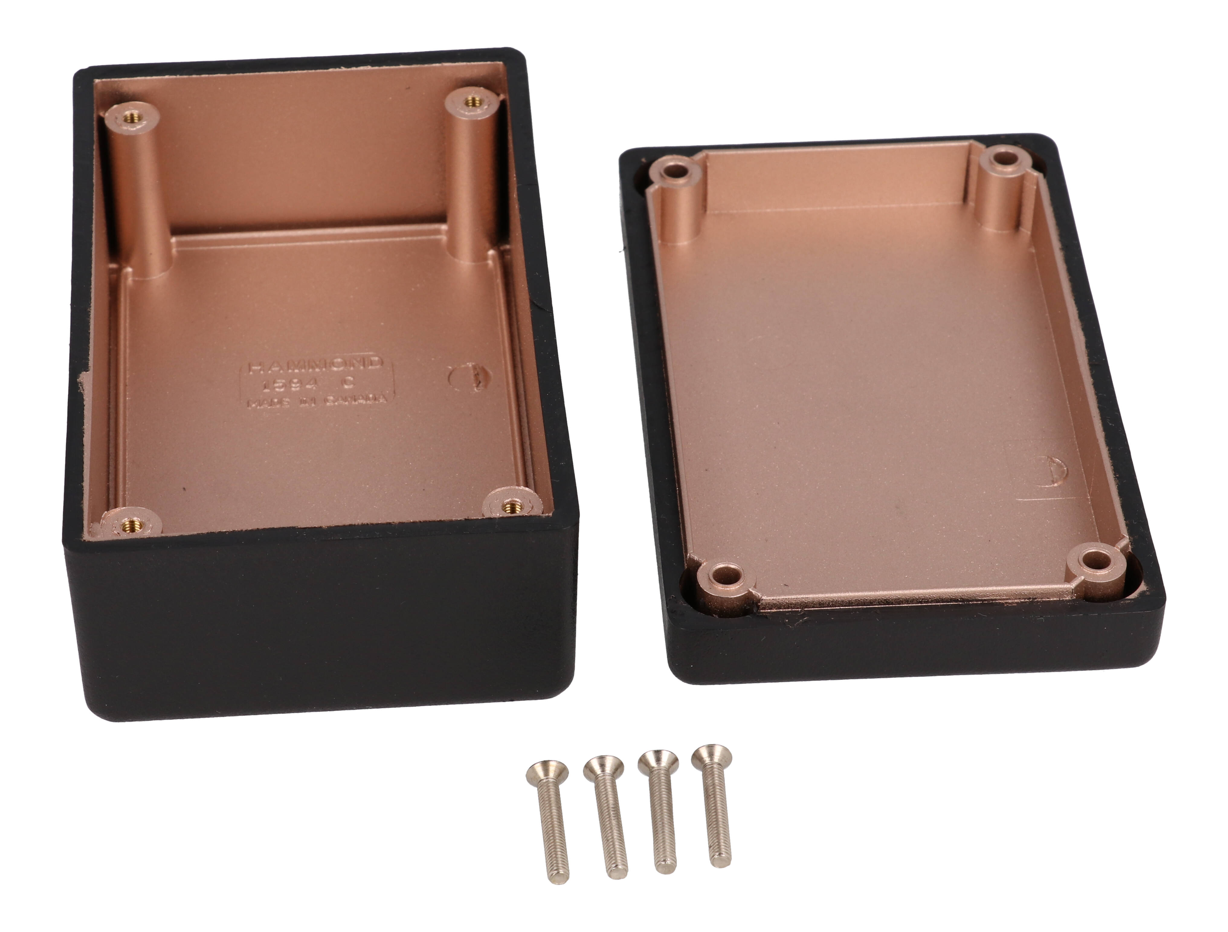 1594RCBK black EMI/RFI shielded ABS enclosure with copper coated interior, 104 x 66 x 33 mm