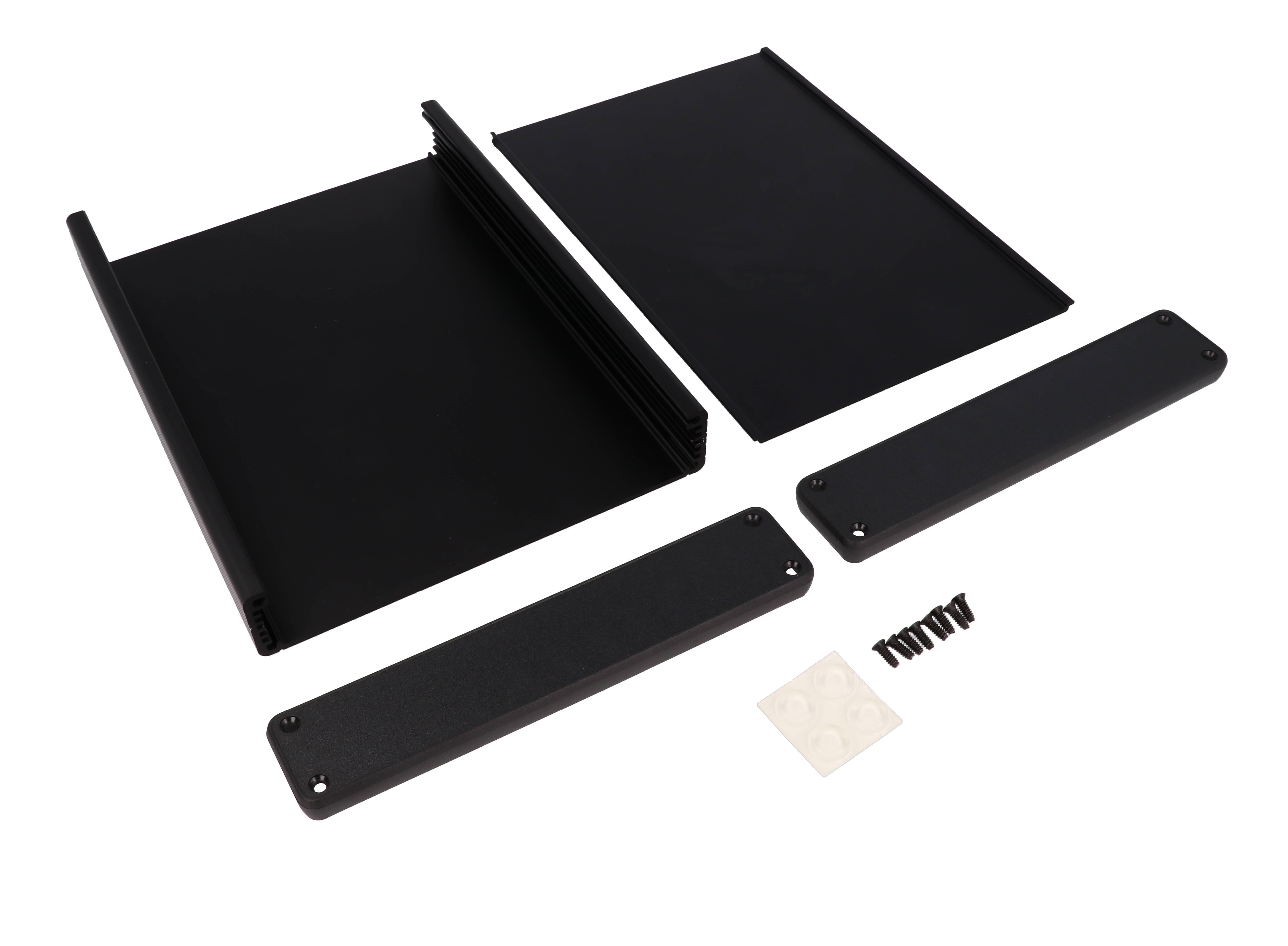 1455R2202BK black anodized extruded aluminum PC board enclosure, 220 x 165 x 30.5 mm, with black plastic end panels