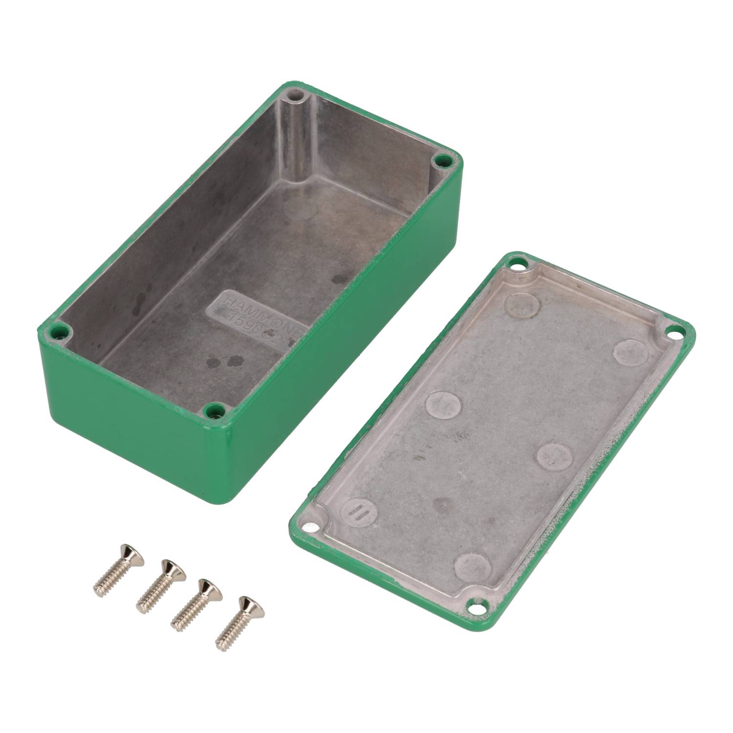 1590G2GR green painted diecast aluminum rectangular stomp box enclosure with lid and cover screws