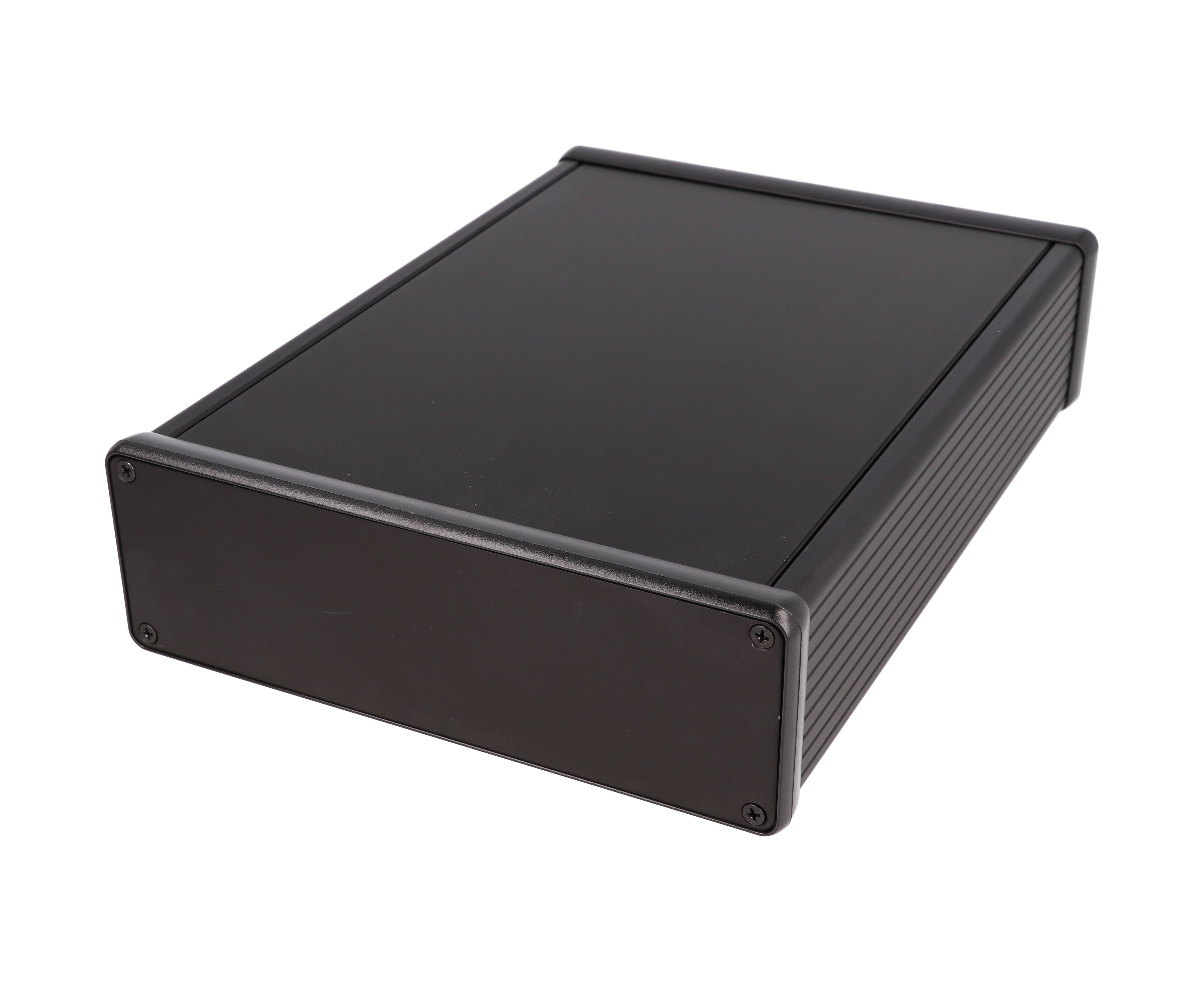 1455T2201BK — black extruded aluminum enclosure w/ metal end panels