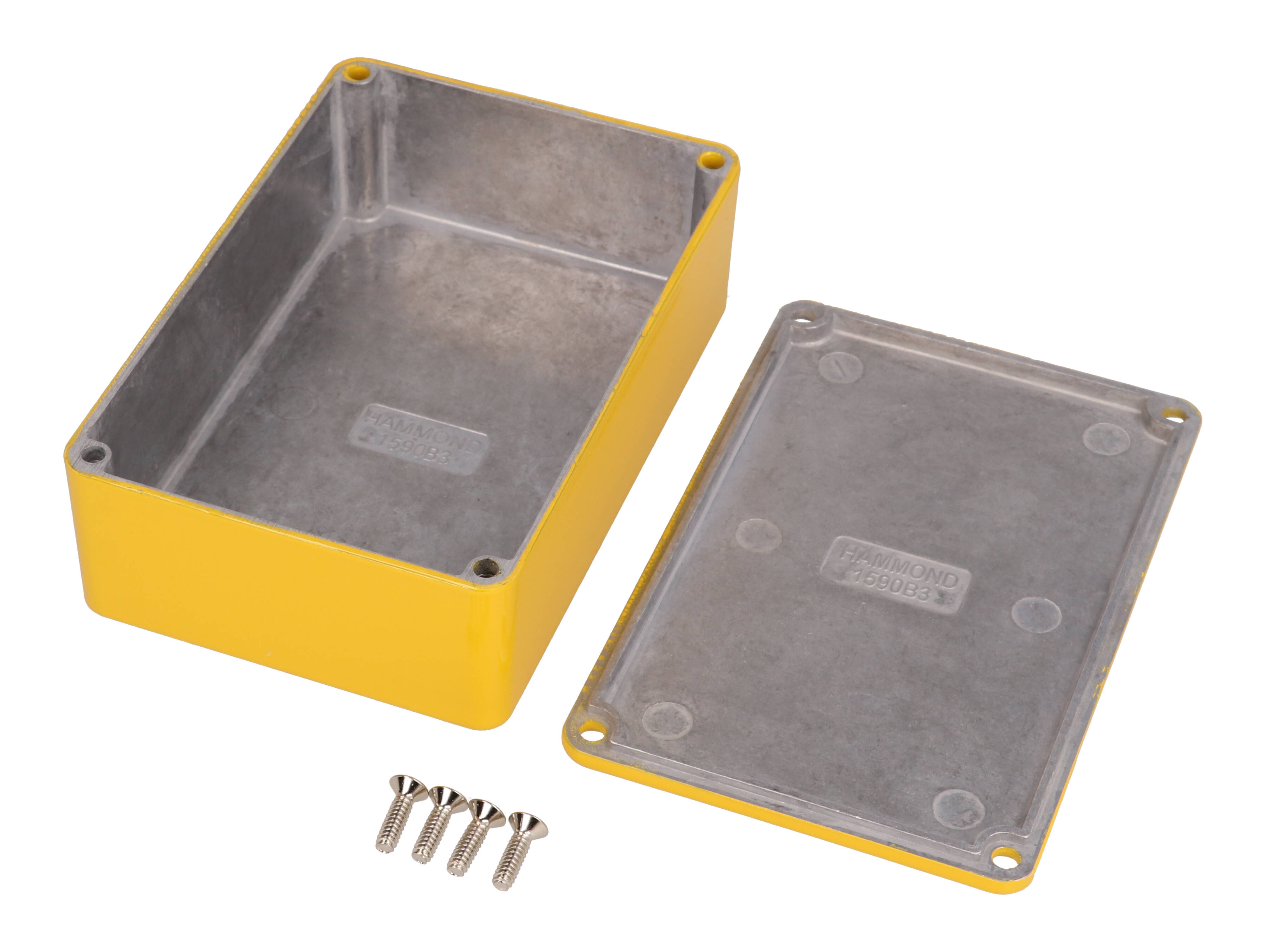 1590B3YL yellow powder coated diecast aluminum stomp box enclosure, 116 x 77 x 38 mm, with lid