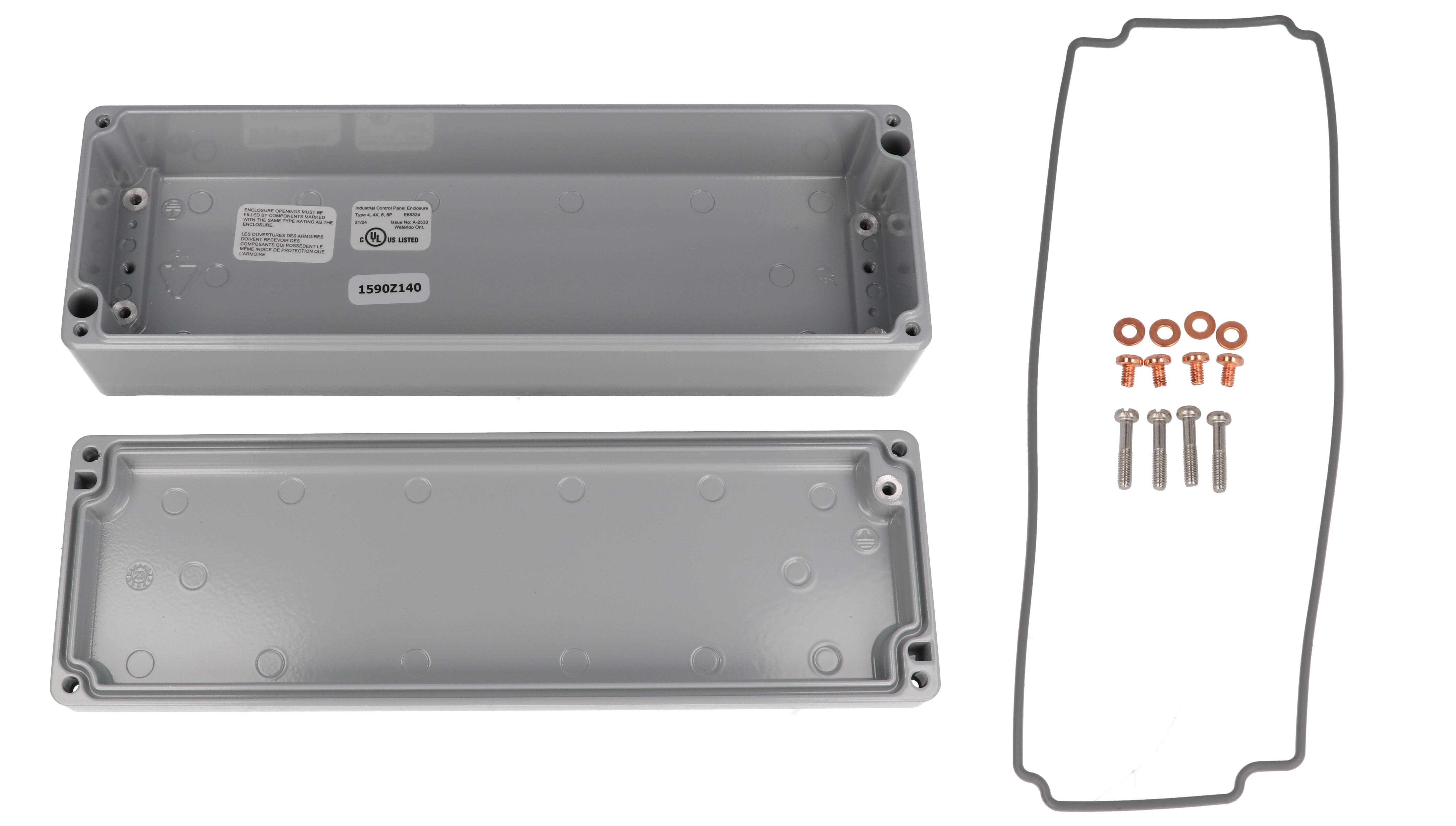 1590Z140GY smooth gray RAL 7001 diecast aluminum enclosure, 250 x 80 x 57 mm, with lid attached
