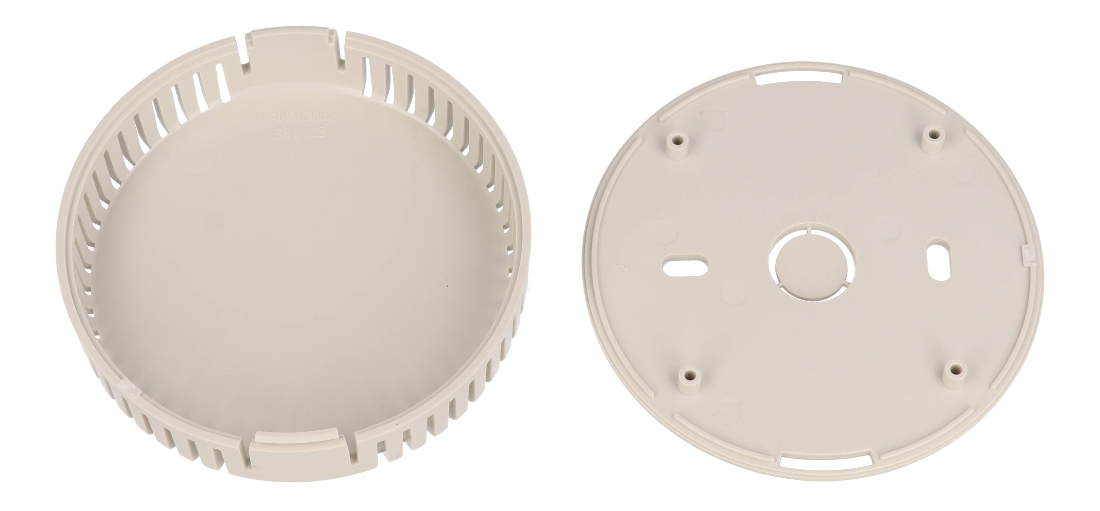 1551V13GY light gray vented round ABS snap-fit sensor enclosure with wall-mount base