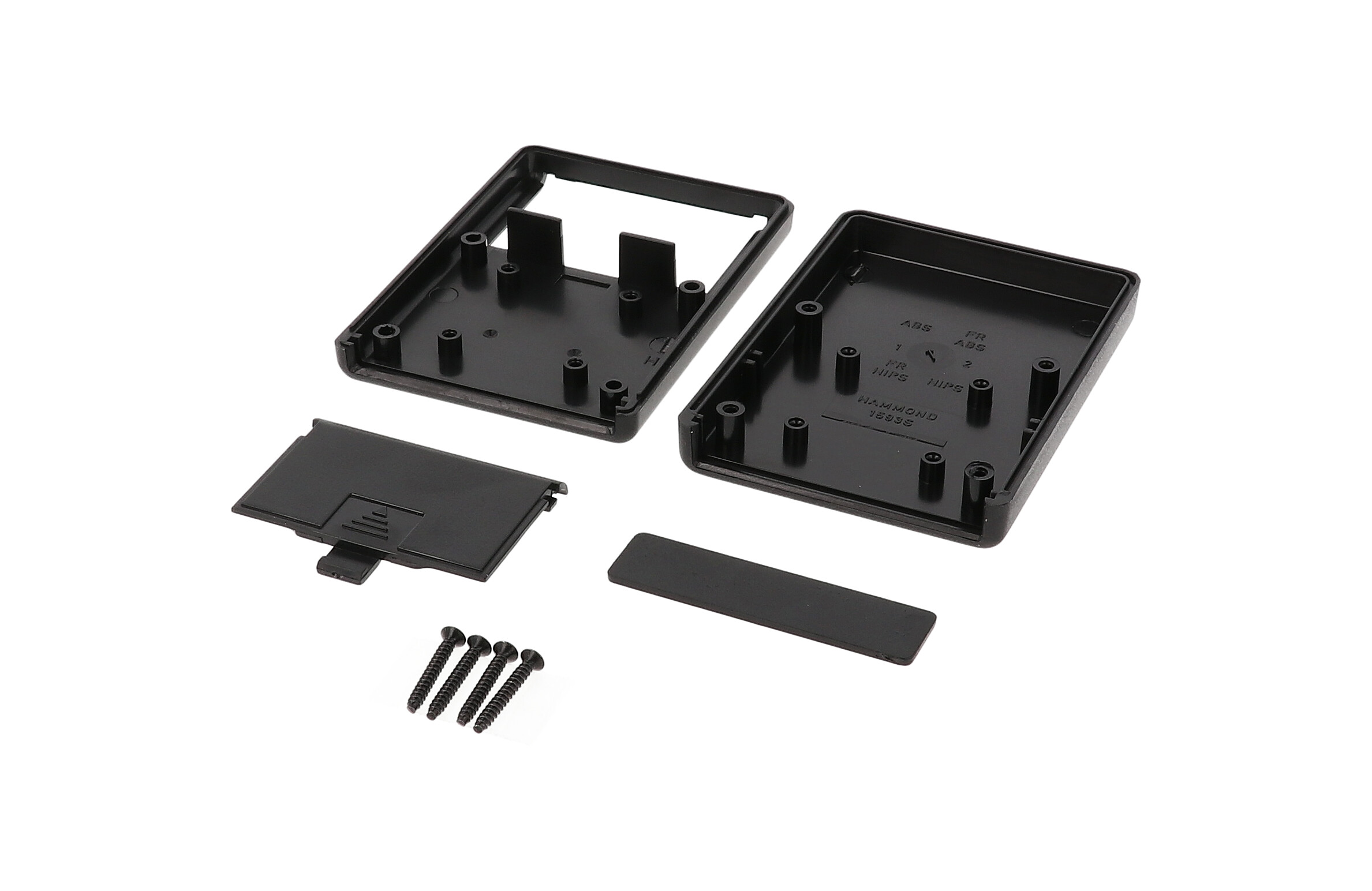 1593SBK black low-profile ABS hand-held enclosure with AAA battery door