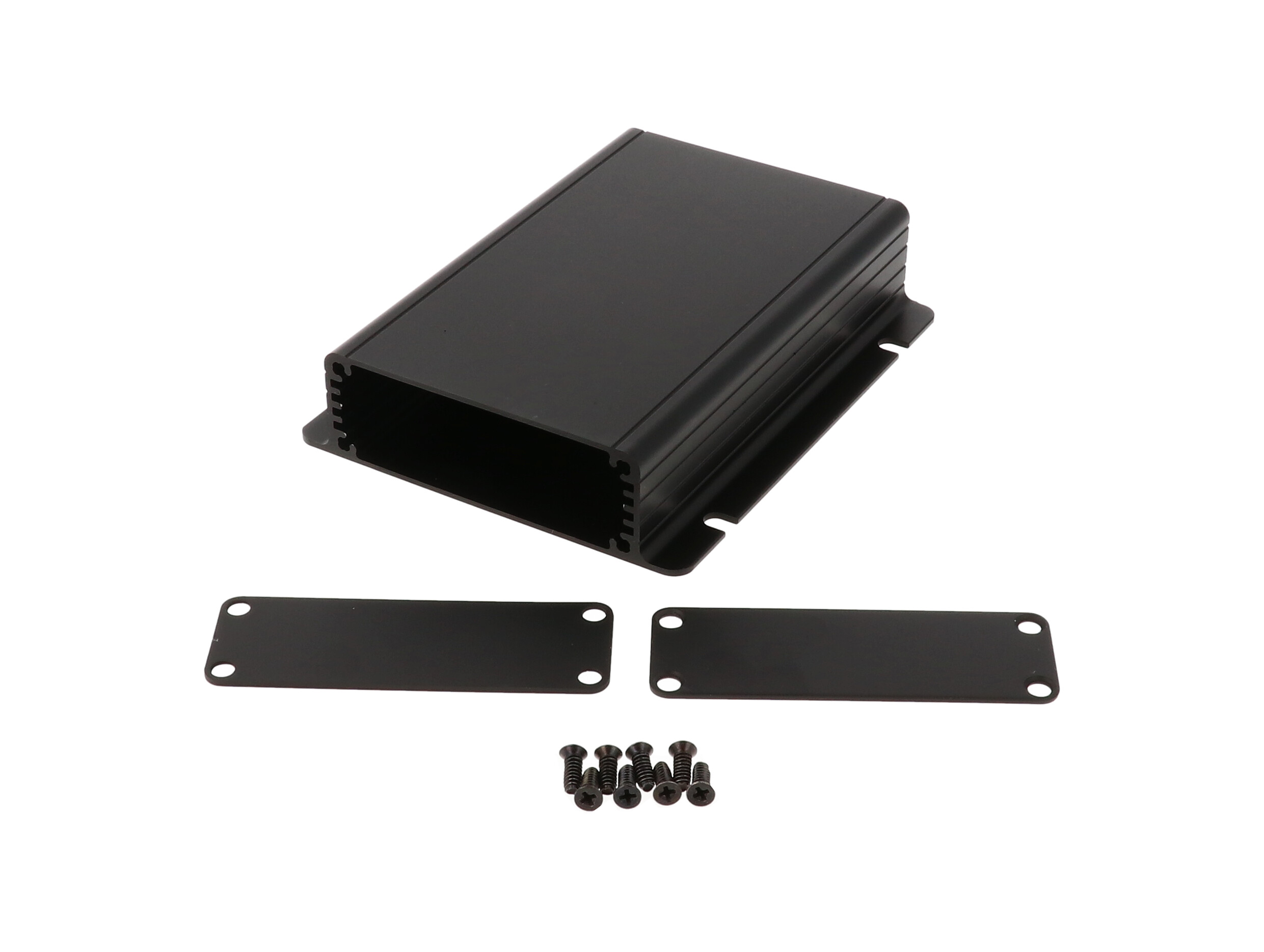1455JF1201BK black anodized extruded aluminum enclosure with integrated slotted mounting flanges