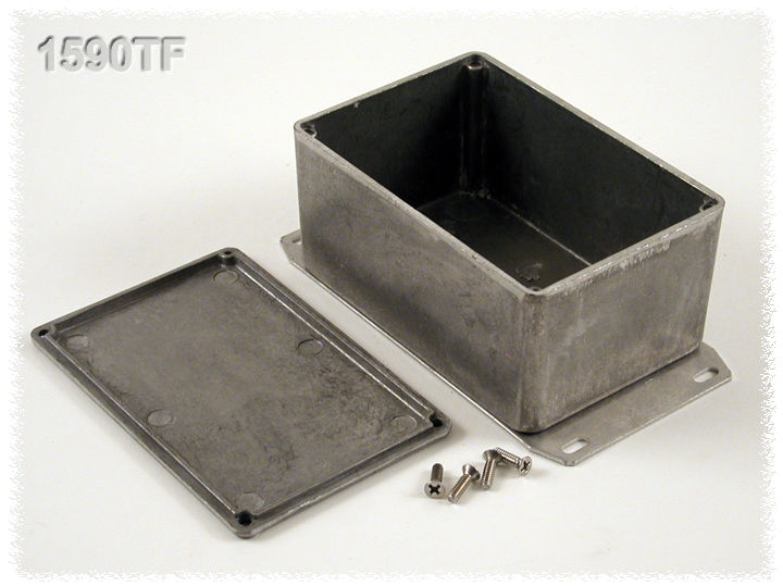 1590TF natural aluminum diecast aluminum enclosure with flanged bottom plate, 120 x 80 x 59 mm