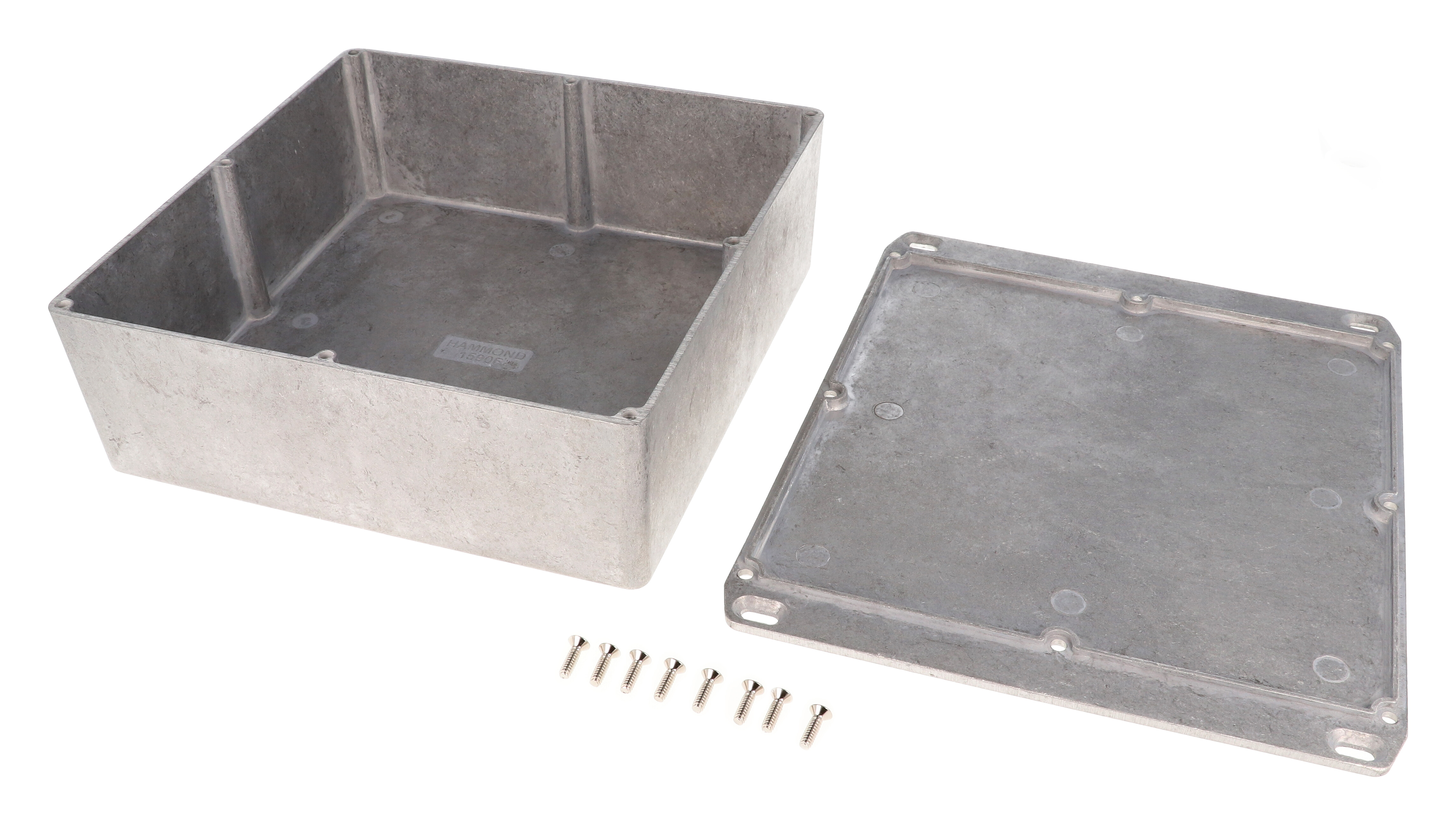 1590FFL natural square diecast aluminum enclosure with flanged wall-mounting lid, 188 x 188 x 67 mm