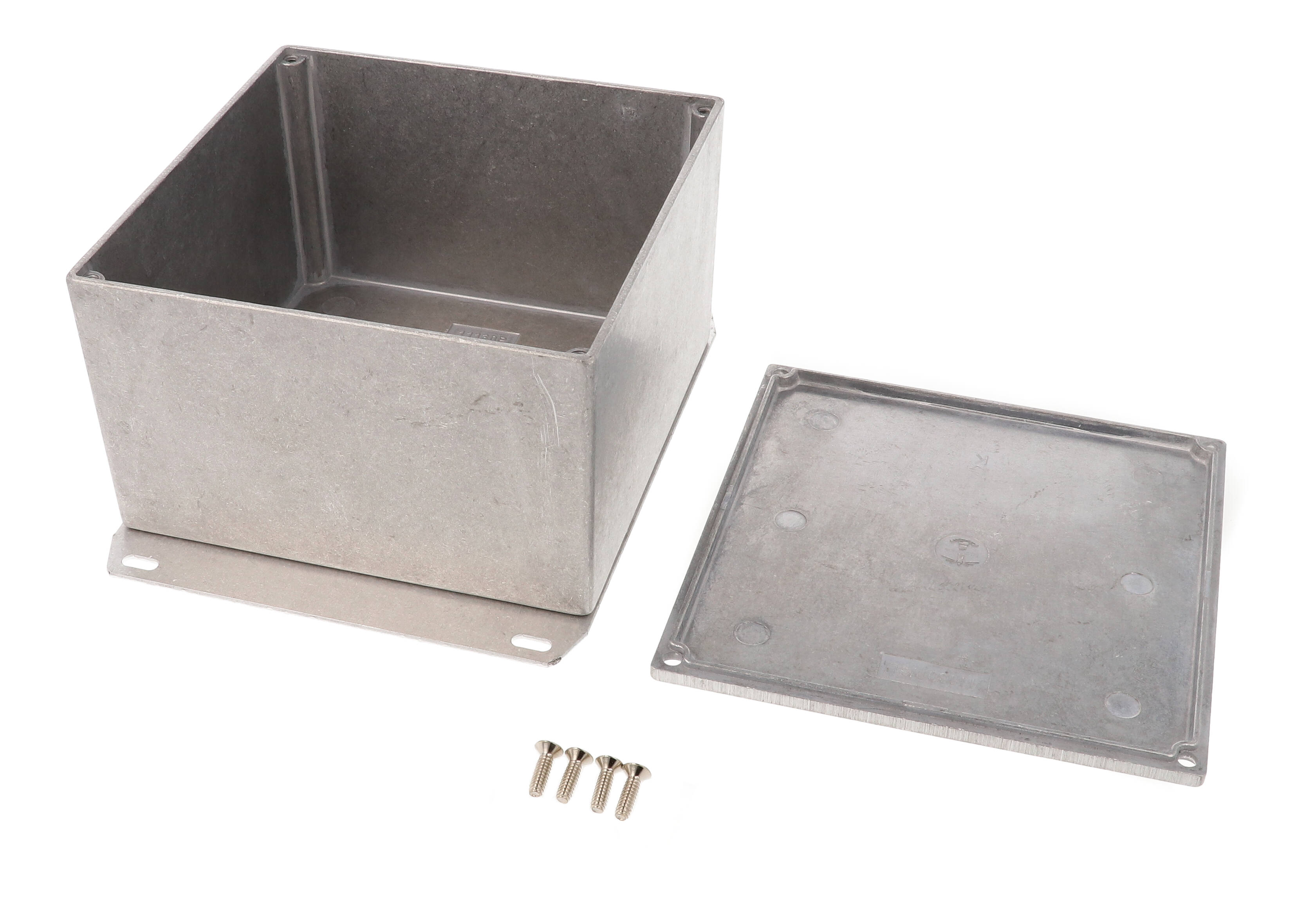 1590KF natural diecast aluminum enclosure with welded flanged bottom plate, 125 x 125 x 79 mm