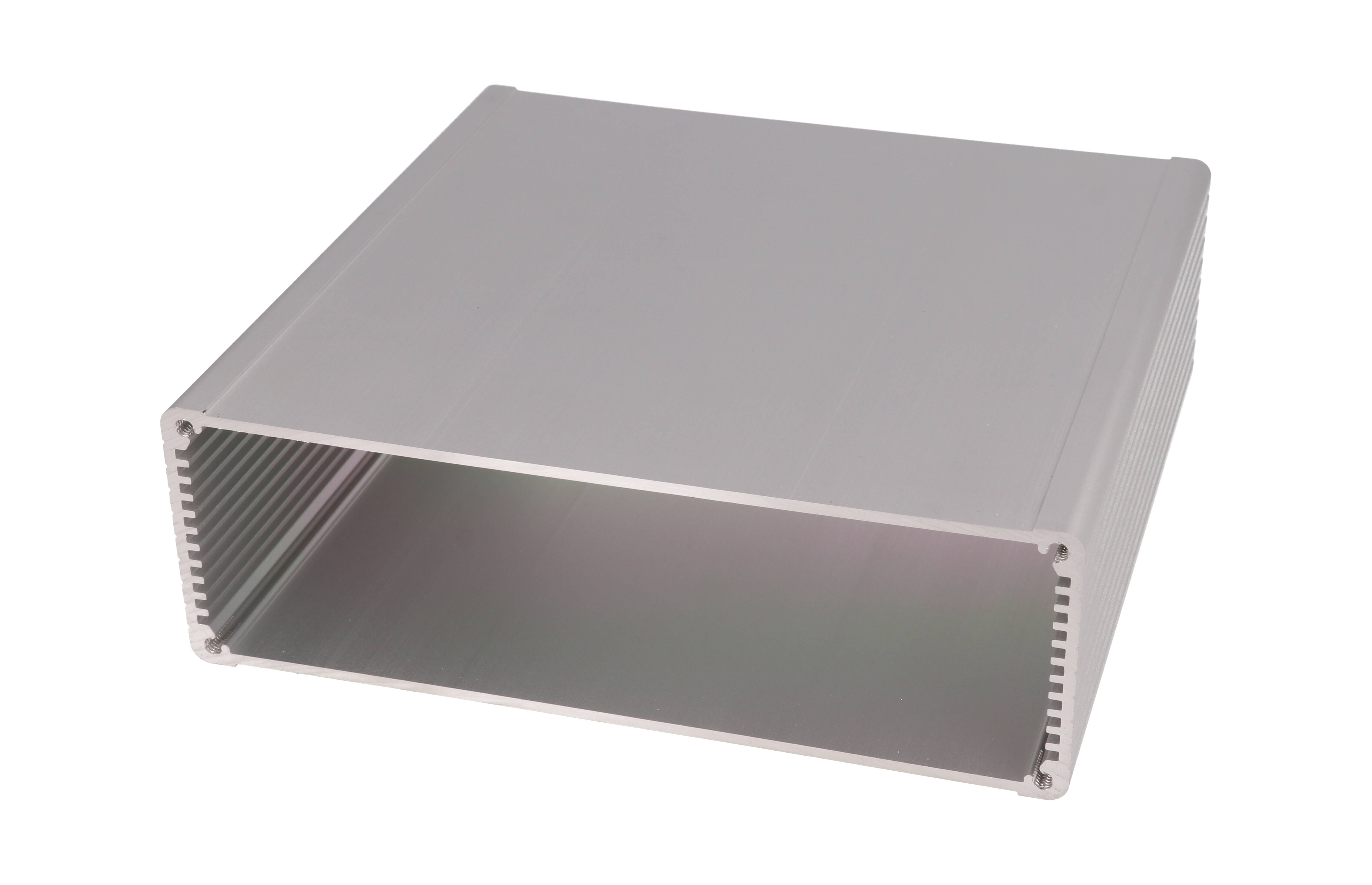 1457T1602 clear anodized 160 x 165 mm extruded aluminum enclosure with flanged black wall-mount end panels