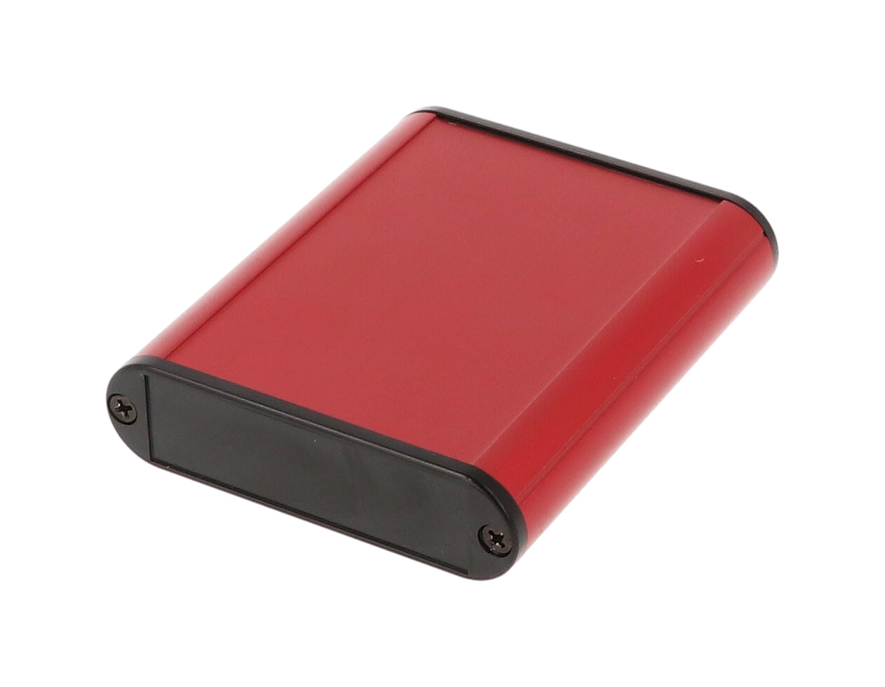 1455B802RD red anodized extruded aluminum PC board enclosure, 80 x 72 x 19 mm, with plastic end panels