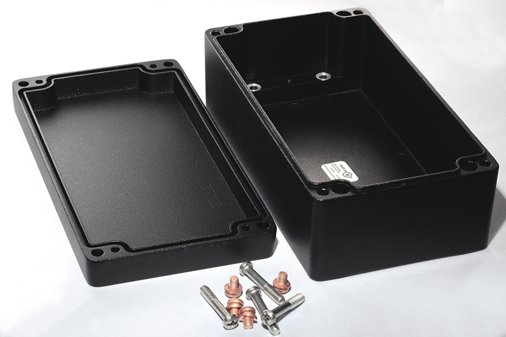1590Z150BK textured black diecast aluminum enclosure, 221 x 121 x 81 mm