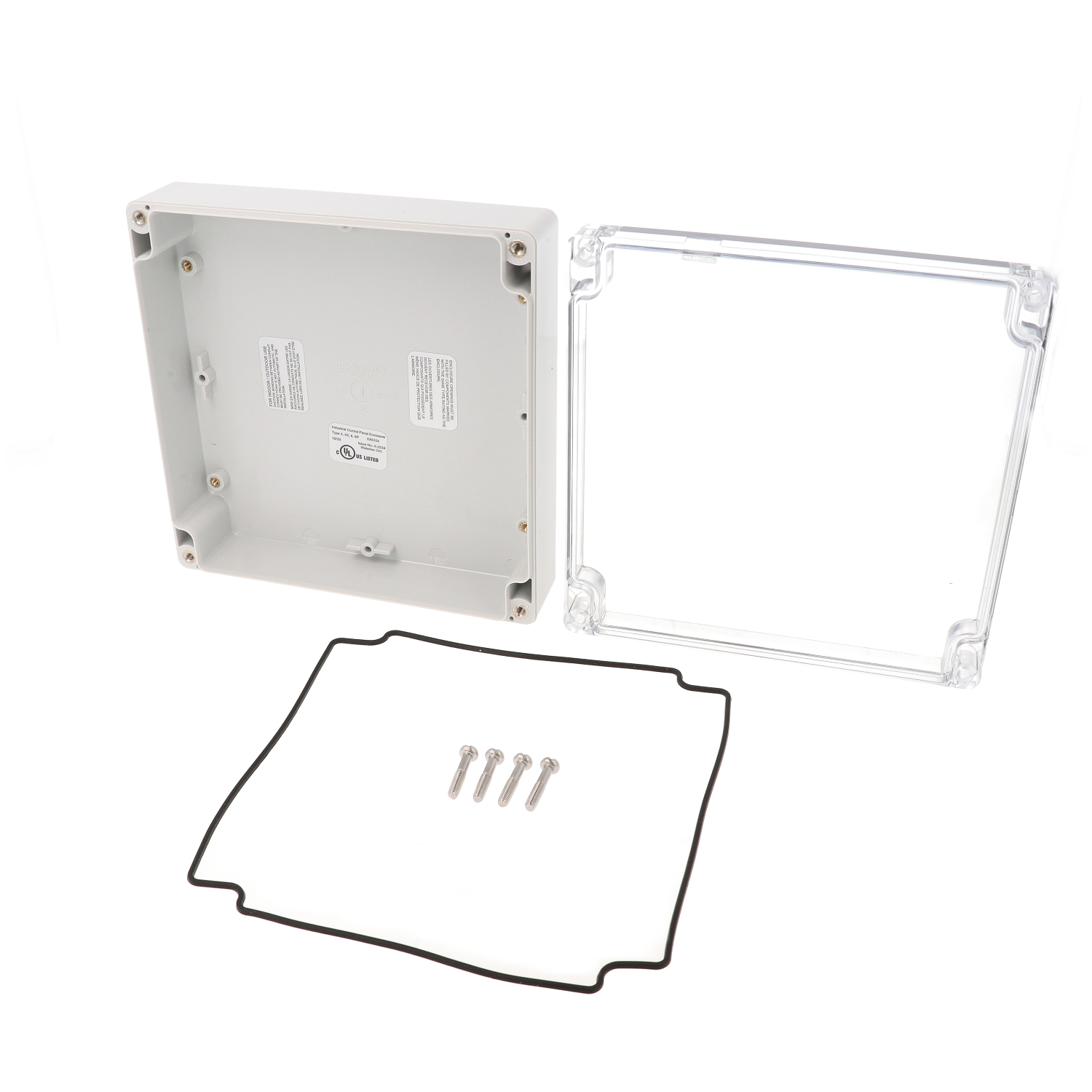 1554RL2GYCL low-profile polycarbonate enclosure with clear lid, 160 x 160 x 45 mm