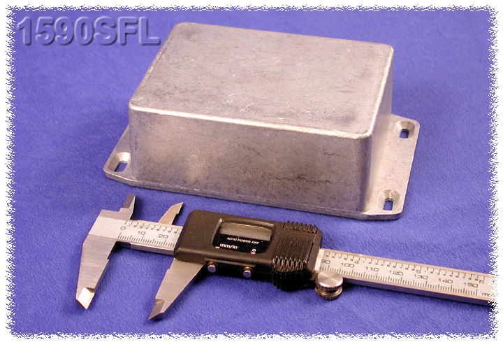 1590SFL natural aluminum diecast aluminum enclosure with wall-mounting flanged lid, 110 x 82 x 44 mm