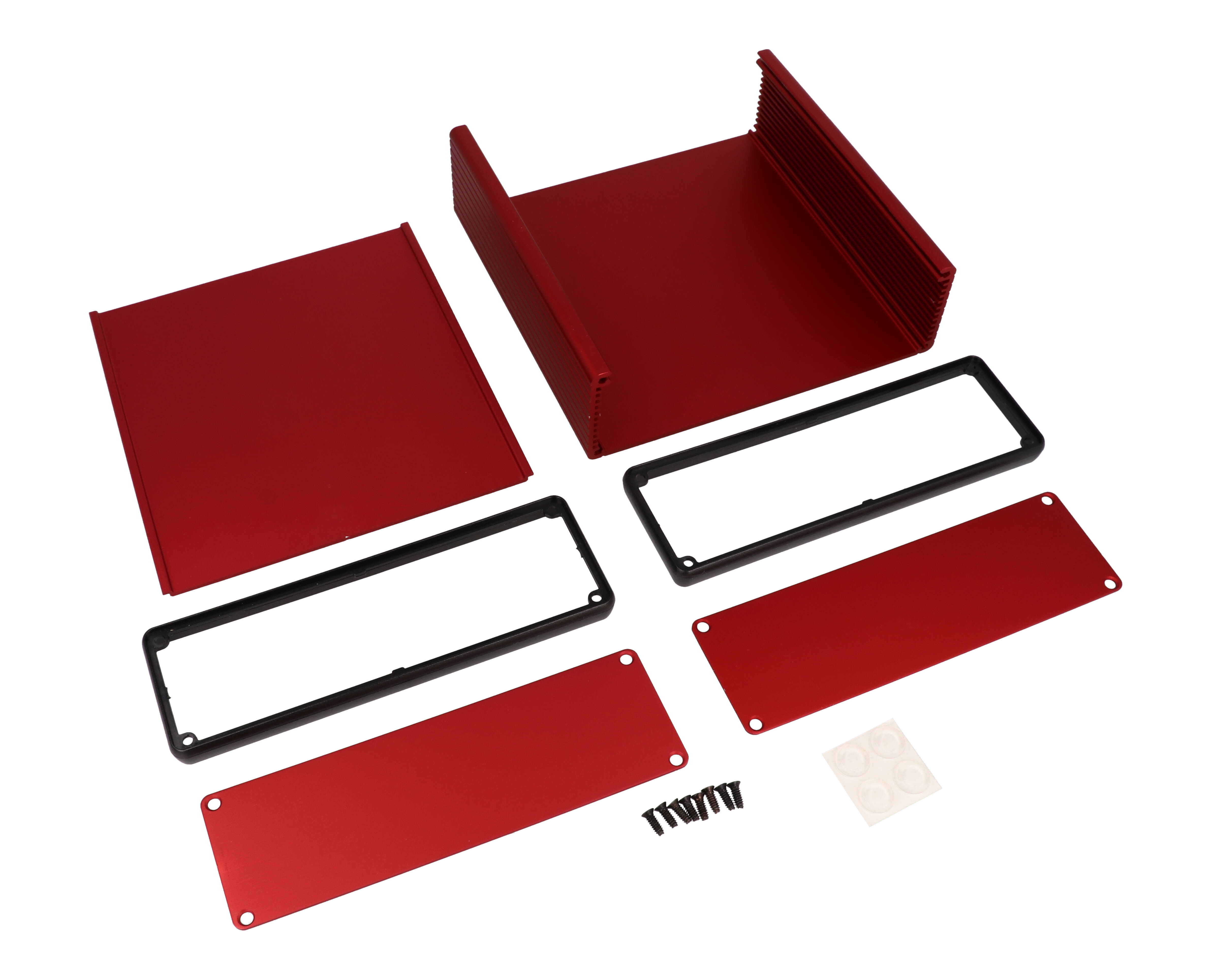 1455T1601RD red anodized extruded aluminum enclosure, 160 x 165 x 52 mm, with aluminum end panels and black open bezels
