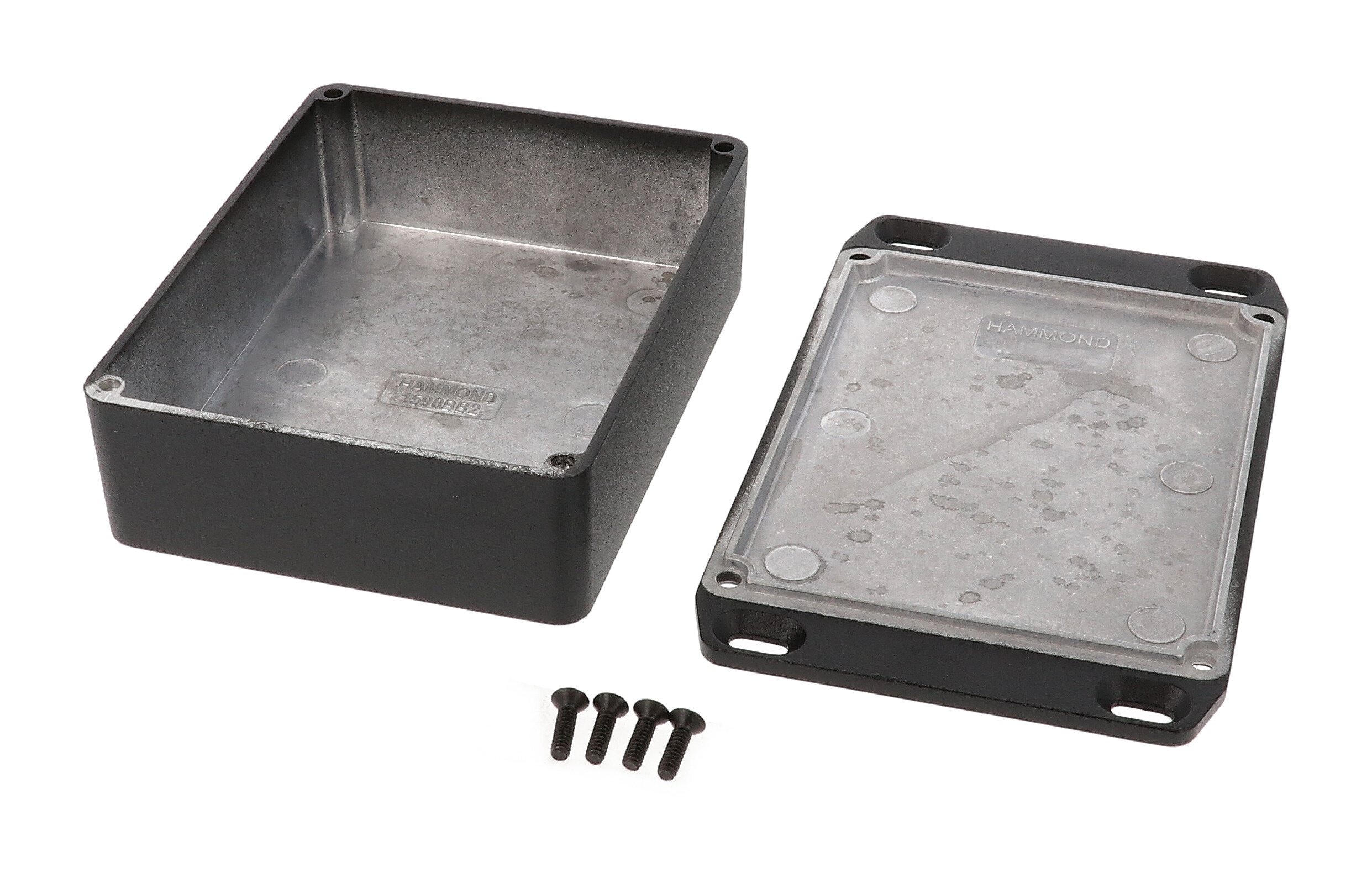 1590BB2FLBK black textured diecast aluminum enclosure with flanged mounting lid