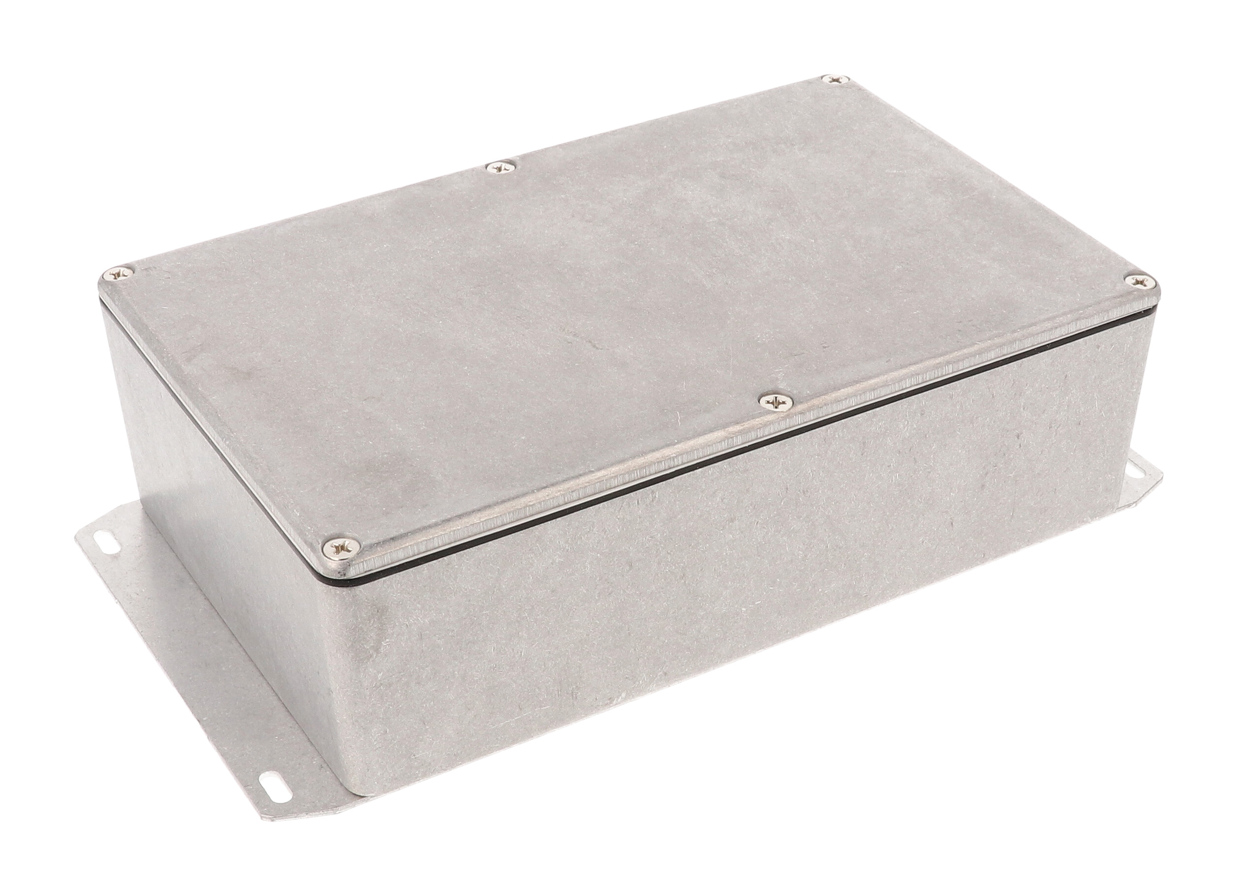 1590WDF natural aluminum watertight diecast aluminum enclosure, 188 mm x 119 mm x 56 mm, with flanged bottom plate