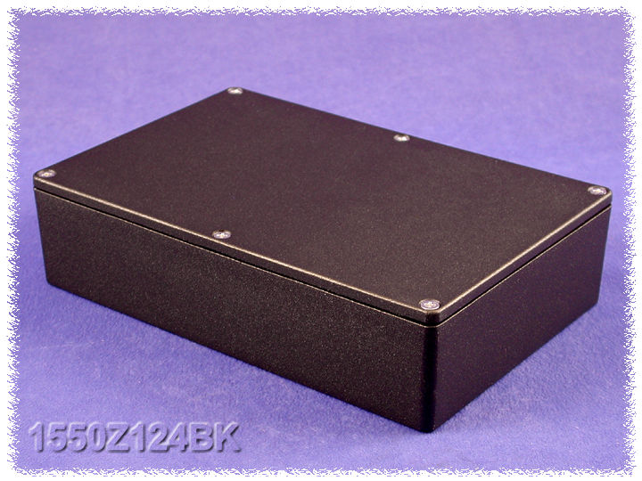 1550Z124BK black textured watertight diecast aluminum enclosure, 223 x 147 x 55 mm