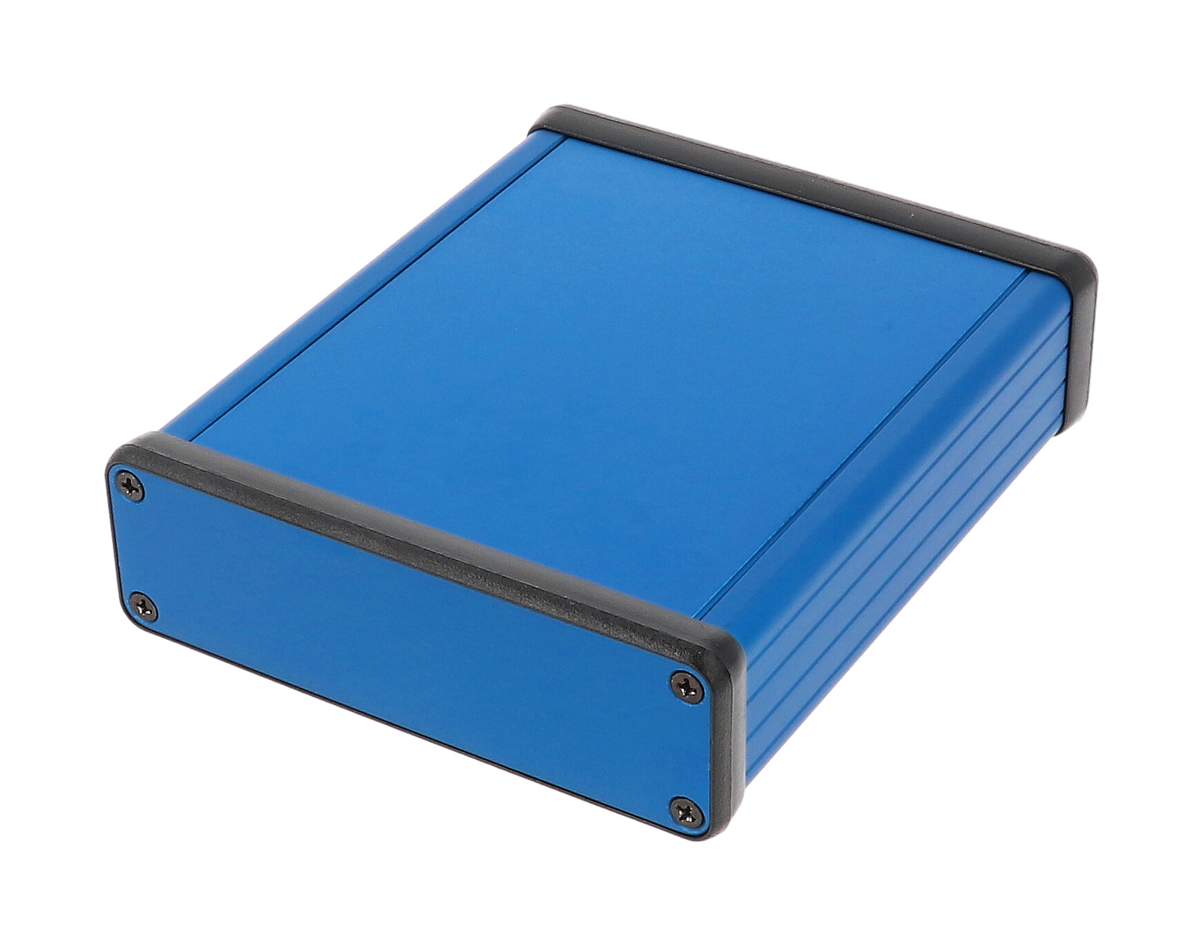 1455L1201BU blue anodized extruded aluminum PC board enclosure, 120 x 103 x 30.5 mm, with aluminum end panels and black bezels